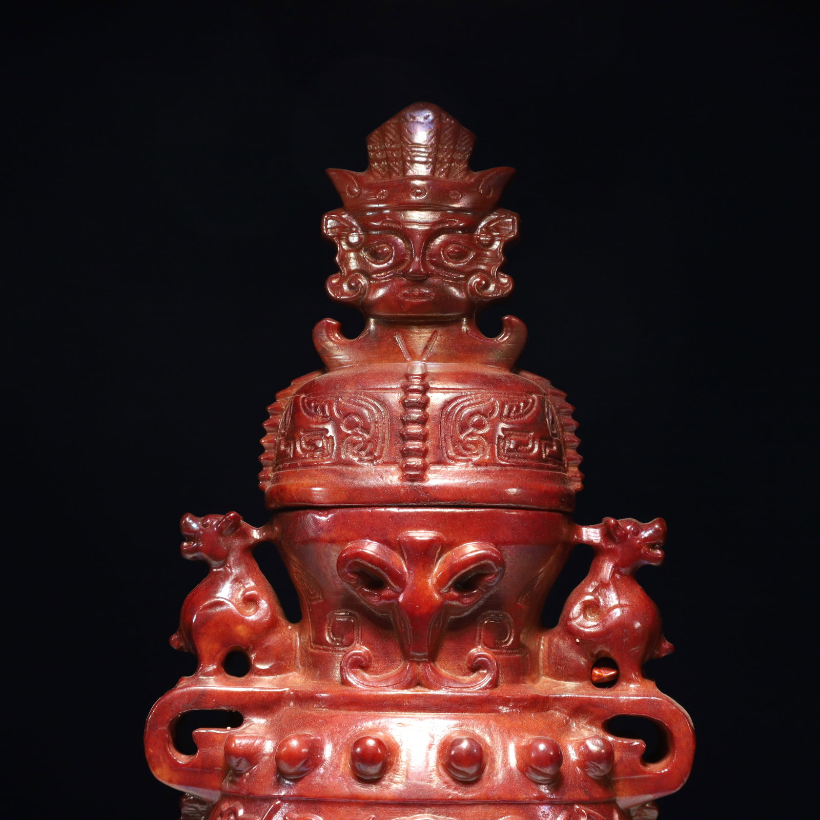 An Exquisite Archaic Jade Beast Pattern Double-Ears Bottle - 2