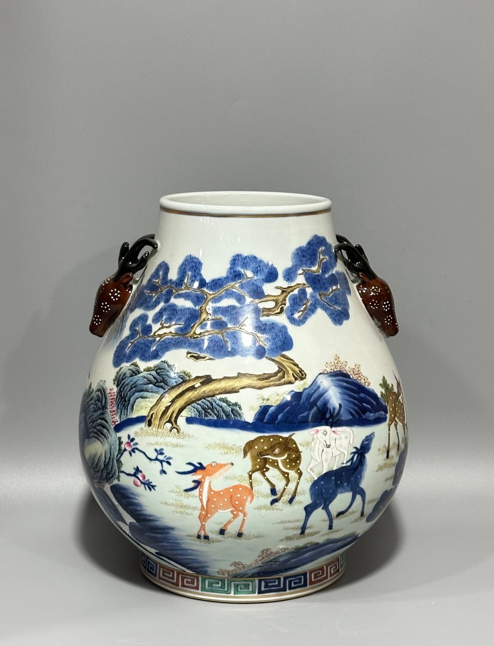 A Rare Blue and White Jiacai Pine and Deer Pattern Double-Ears Vase (1 of 8)