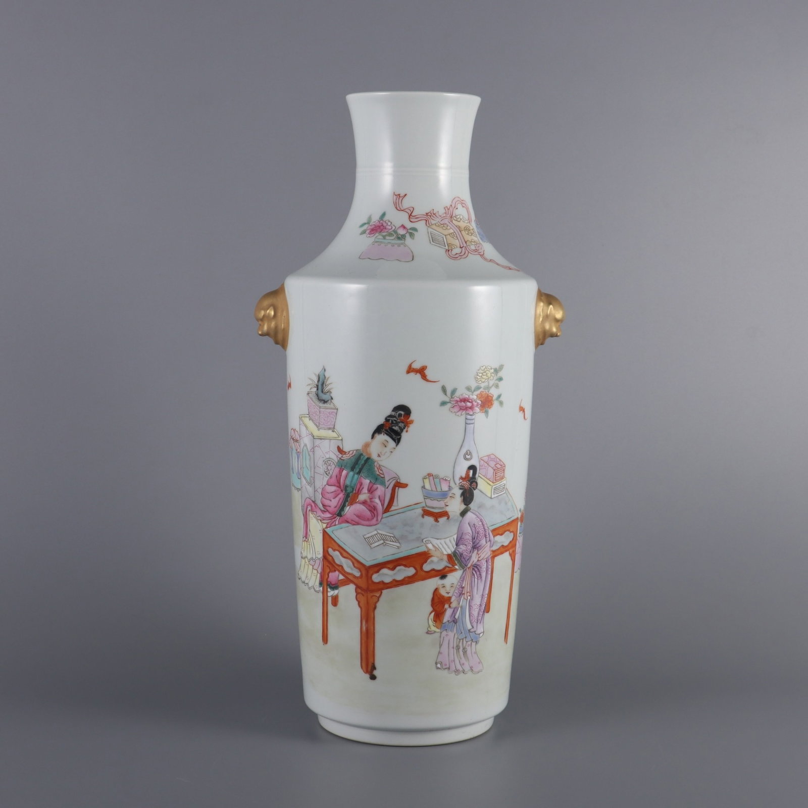 A Rare Famille-Rose Character and Story Pattern Beast-Ears Vase: A Rare Famille-Rose Character and Story Pattern Beast-Ears Vase,Qing Dynasty,China,Qianlong Six-character Mark,Size:14.5inx5.5in