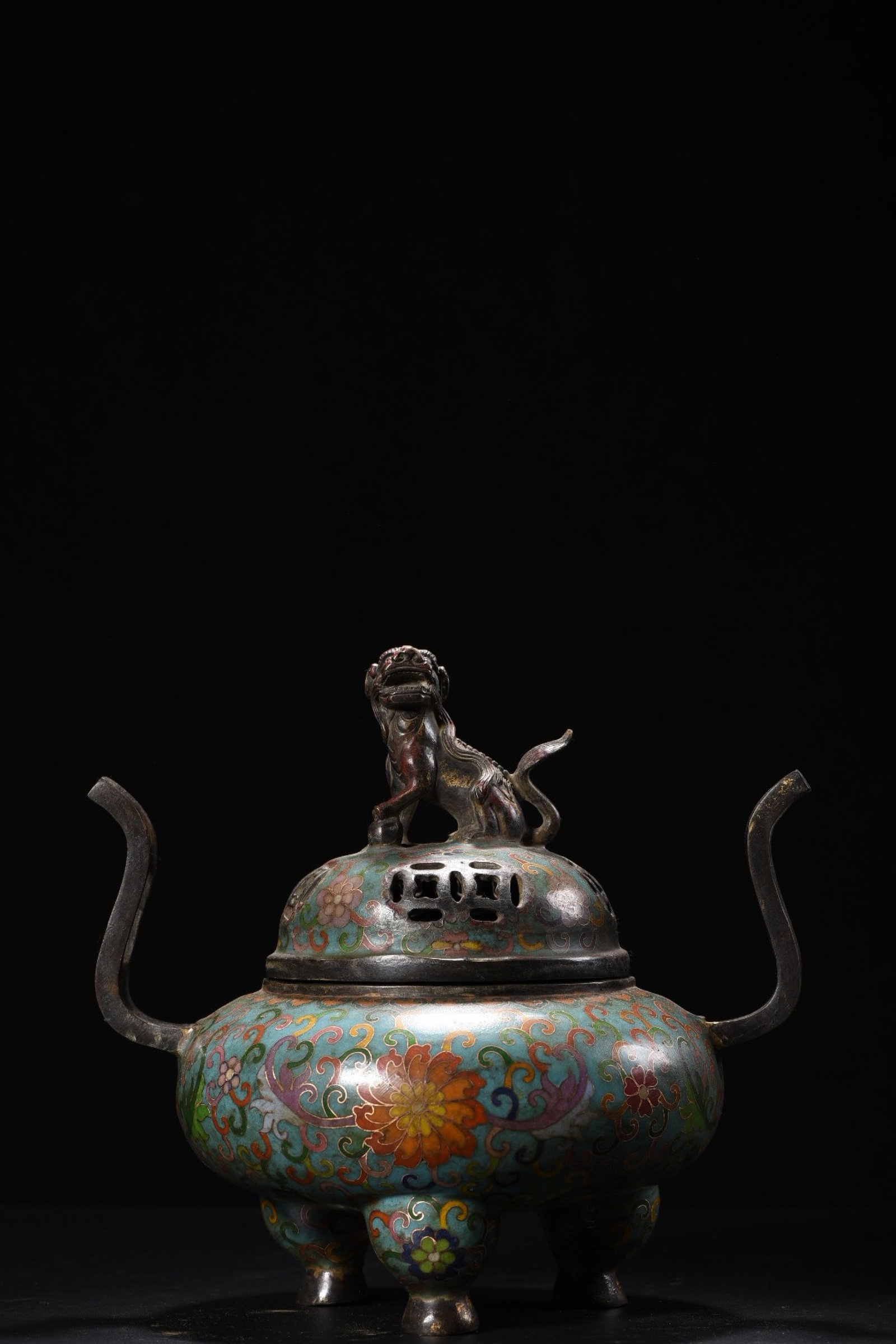 An Exquisite Cloisonne Lotus Pattern Lion Double-Ears and Tripod Censer: An Exquisite Cloisonne Lotus Pattern Lion Double-Ears and Tripod Censer,Qing Dynasty,China,with Mark,Size:10.2inx10.6in,Weight:3910g