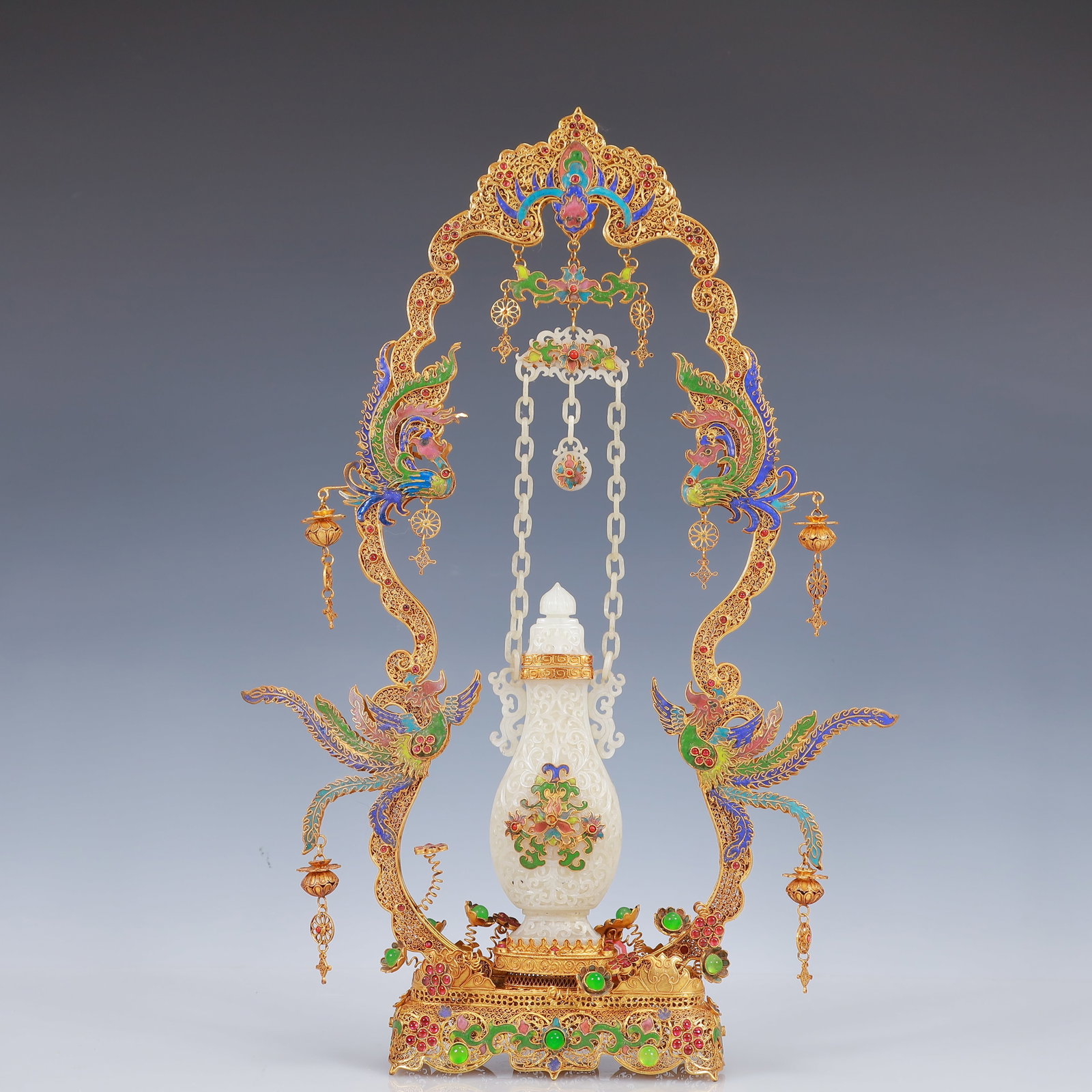 A Huge Filigree and Gilding Inlaid White Jade Double-Ears Vase,Inlaid Gems: A Huge Filigree and Gilding Inlaid White Jade Double-Ears Vase,Inlaid Gems,Qing Dynasty, China,Qianlong Four-Character Mark,Size:12.2inx2.8inx18.1in,Weight:1150g 花丝鎏金॔
