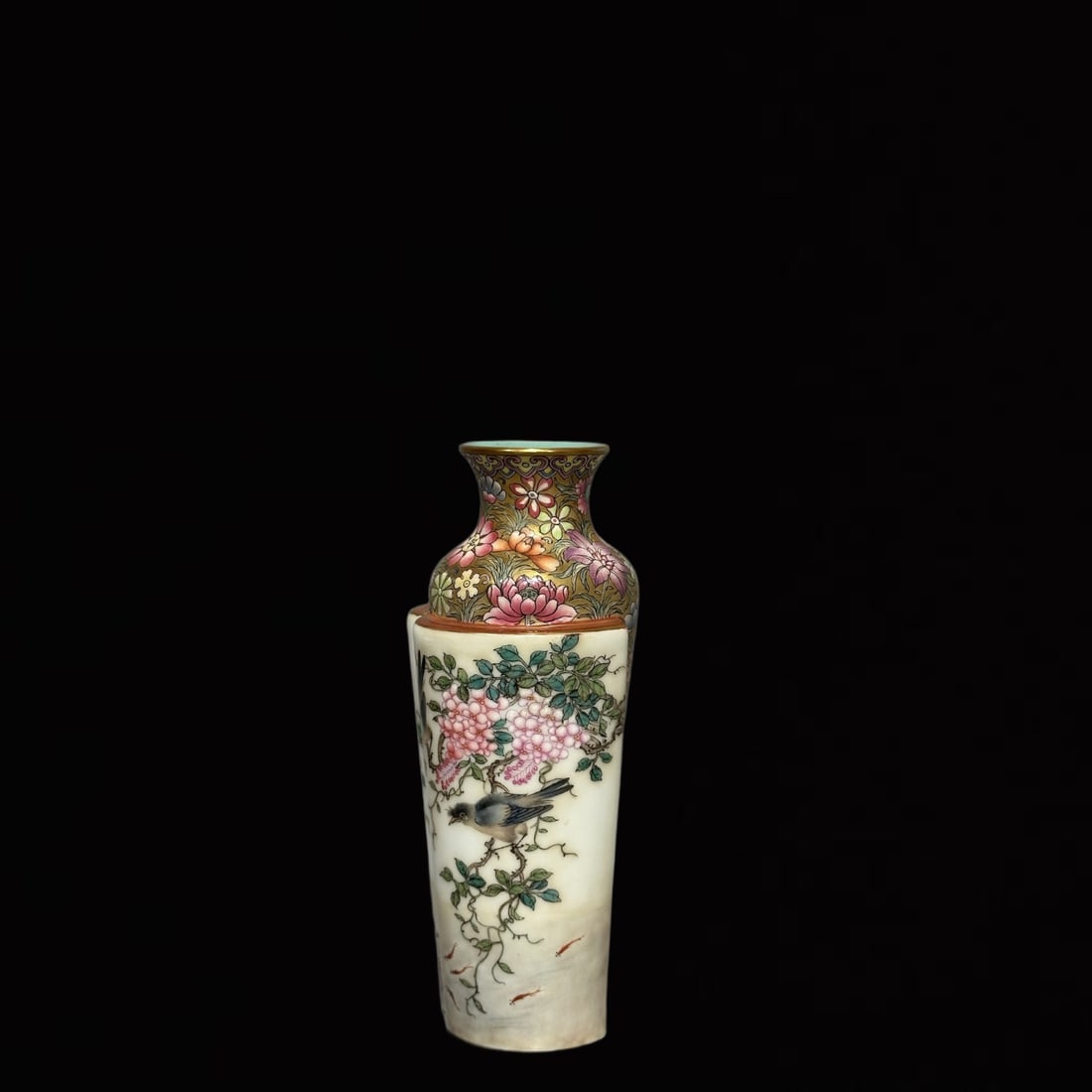 An Exquisite Enamel Flower and Bird Pattern Vase,with poem: An Exquisite Enamel Flower and Bird Pattern Vase,with poem,Qing Dynasty,China,Qianlong Six-character Mark,Size:6.3inx3.1in 珐琅彩花鸟纹瓶,带诗