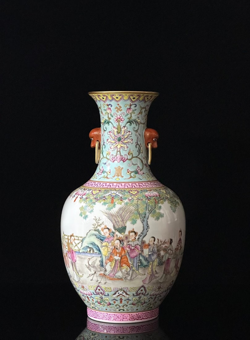 A Rare Enamel Character and Story Pattern Beast-Ears Vase: A Rare Enamel Character and Story Pattern Beast-Ears Vase,Qing Dynasty,China,Jiaqing Six-character Mark,Size:12.4inx6.7in