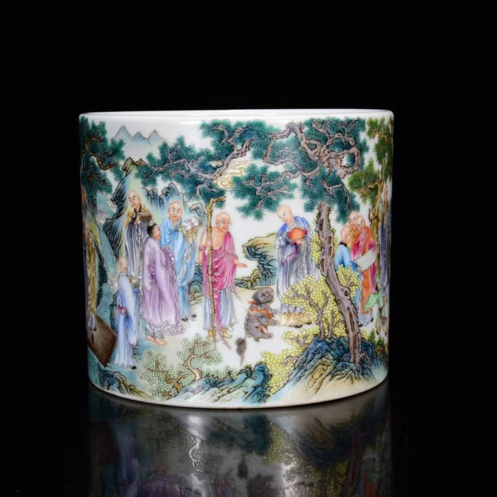 An Exquisite Famille-Rose Character and Story Pattern Brush Pot: An Exquisite Famille-Rose Character and Story Pattern Brush Pot,Qing Dynasty,China,Yongzheng Six-character Mark,Size:6.7inx7.5in