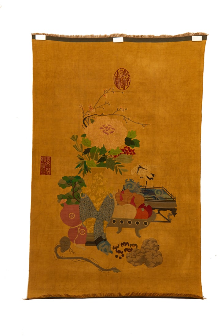 An Exquisite Kesi Embroidery Flower and Fruit Pattern: An Exquisite Kesi Embroidery Flower and Fruit Pattern,Qing Dynasty,China,Size:41.3inx25.2in 缂丝刺绣花果图,中国清代