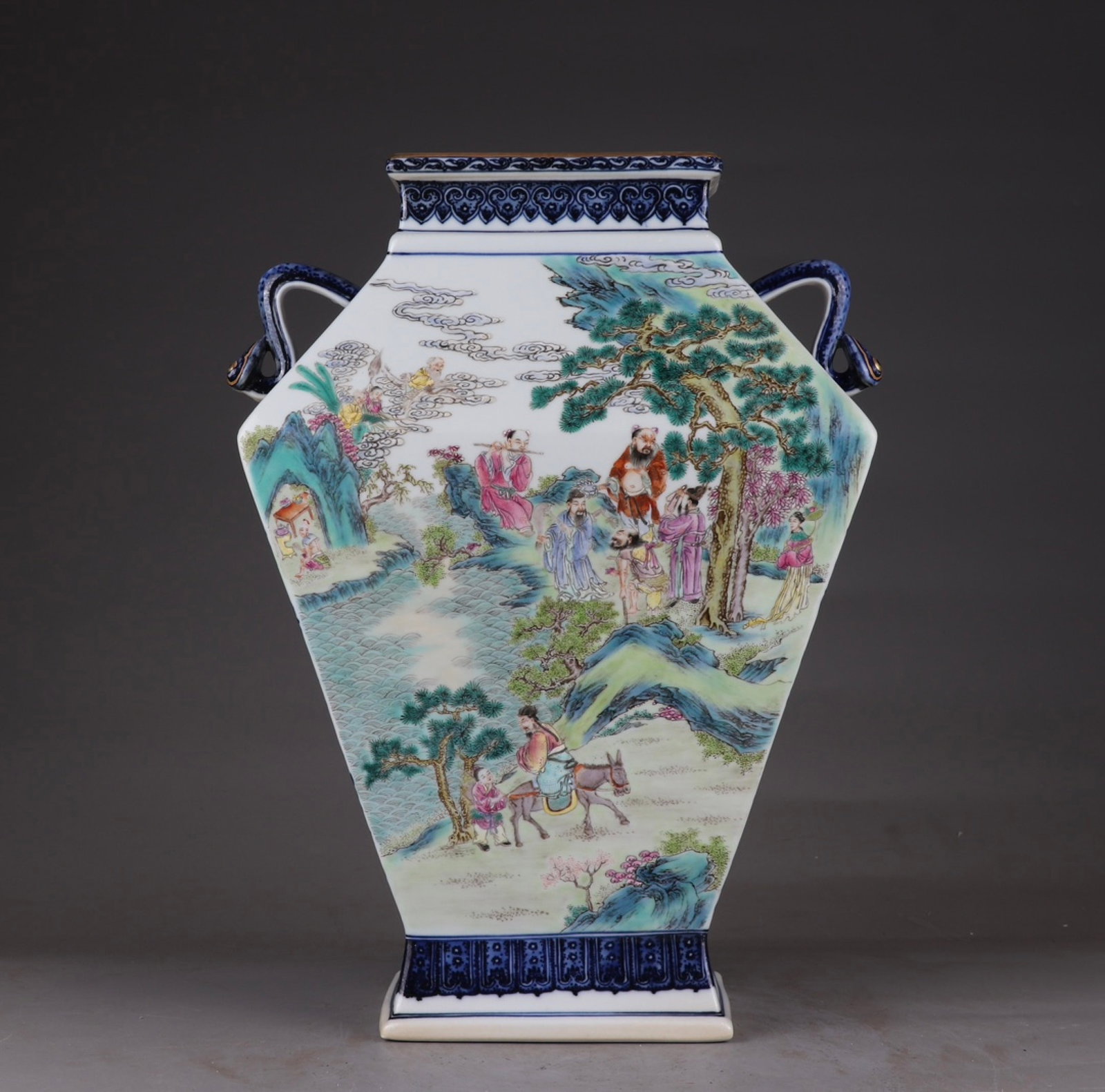 A Rare Blue and White Character and Story Pattern Double-Ears Vase: A Rare Blue and White Character and Story Pattern Double-Ears Vase,Qing Dynasty,China,Qianlong Six-character Mark,Size:14.8inx10.8in 青花人物故事纹双