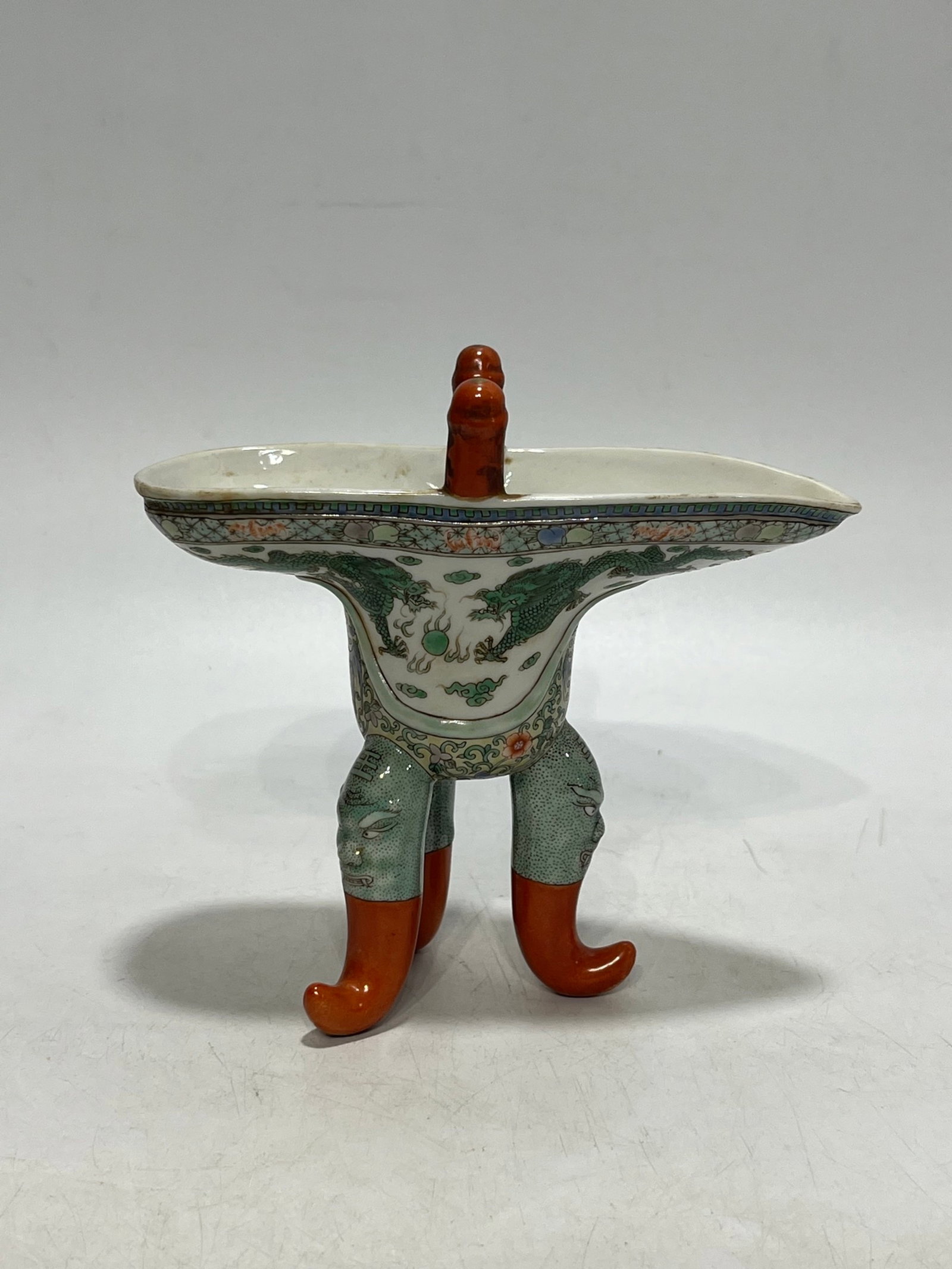 An Exquisite Biscuit Auspicious Cloud and Dragon Pattern Double-Ears Tripod Cup: An Exquisite Biscuit Auspicious Cloud and Dragon Pattern Double-Ears Tripod Cup,Qing Dynasty,China,With Mark,Size:5.3in 素三彩祥云龙纹双耳三