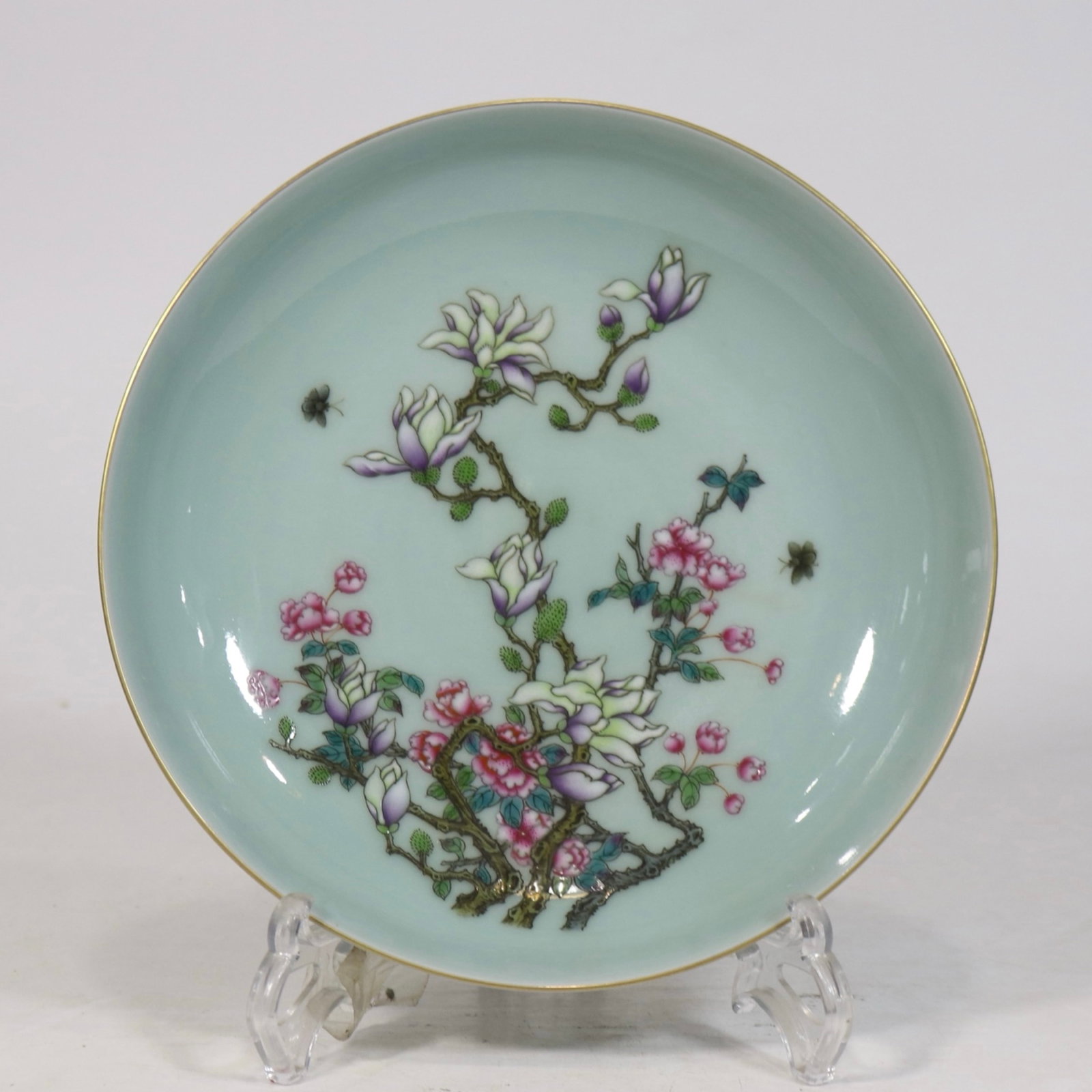 An Exquisite Celadon Glazed Enamel Flower Pattern Plate: An Exquisite Celadon Glazed Enamel Flower Pattern Plate,Qing Dynasty,China,Qianlong Six-character Mark,Size:8.1in