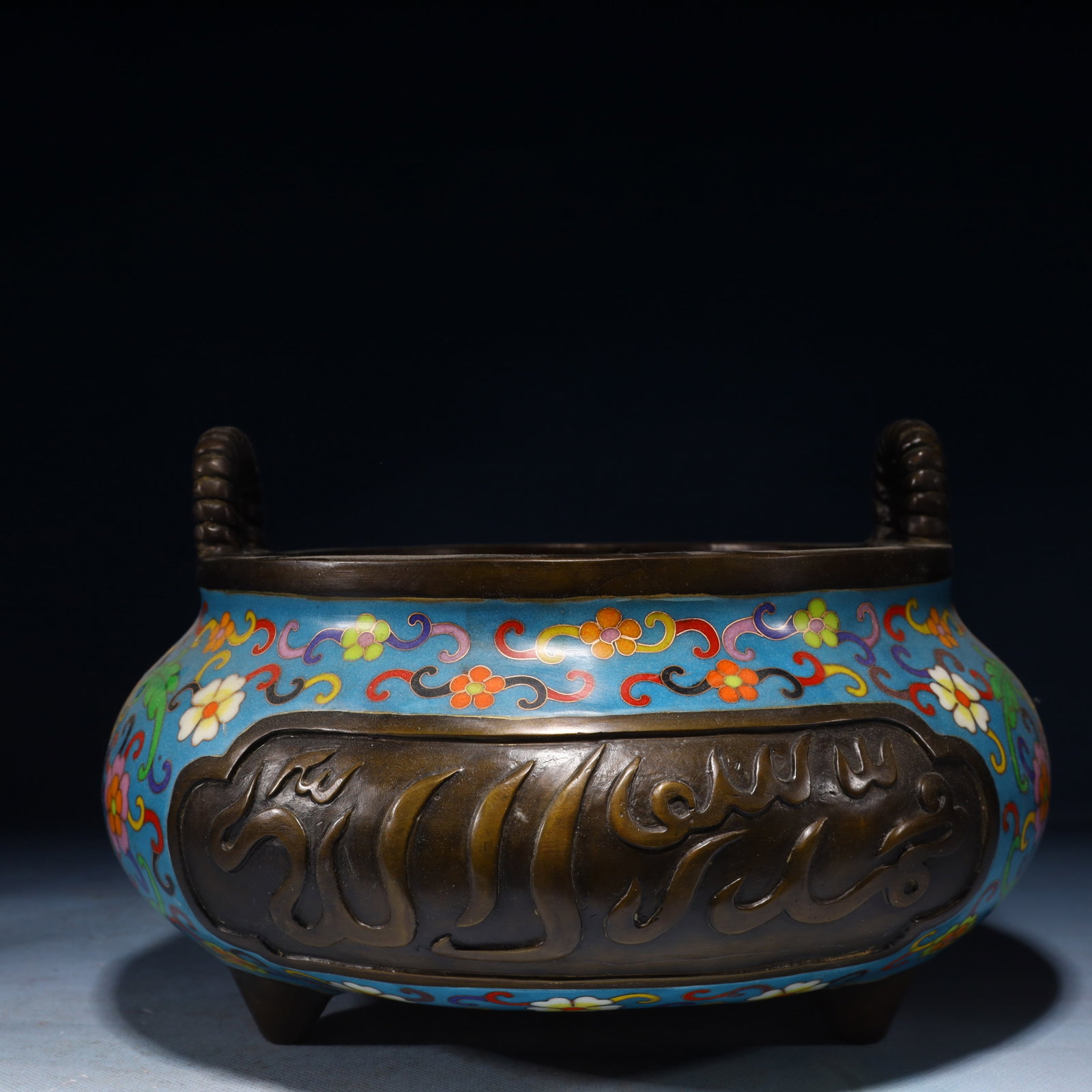 An Exquisite Cloisonne Lotus Pattern Double-Ears and Tripod Censer: An Exquisite Cloisonne Lotus Pattern Double-Ears and Tripod Censer,Qing Dynasty,China,Qianlong Four-character Mark,Size:6.3inx9.8inx9.8in,Weight:3150g