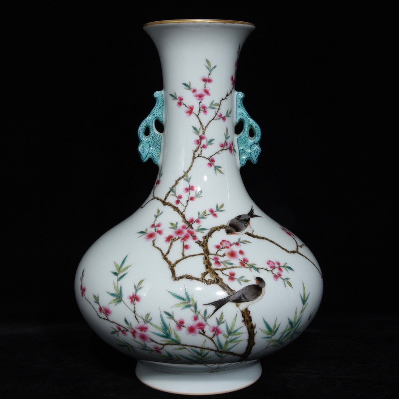 A Rare Famille-Rose Flower and Bird Pattern Double-Ears Vase: A Rare Famille-Rose Flower and Bird Pattern Double-Ears Vase,Qing Dynasty,China,Qianlong Six-character Mark,Size:11.8inx8.1in 粉彩花鸟纹双耳瓶,中&