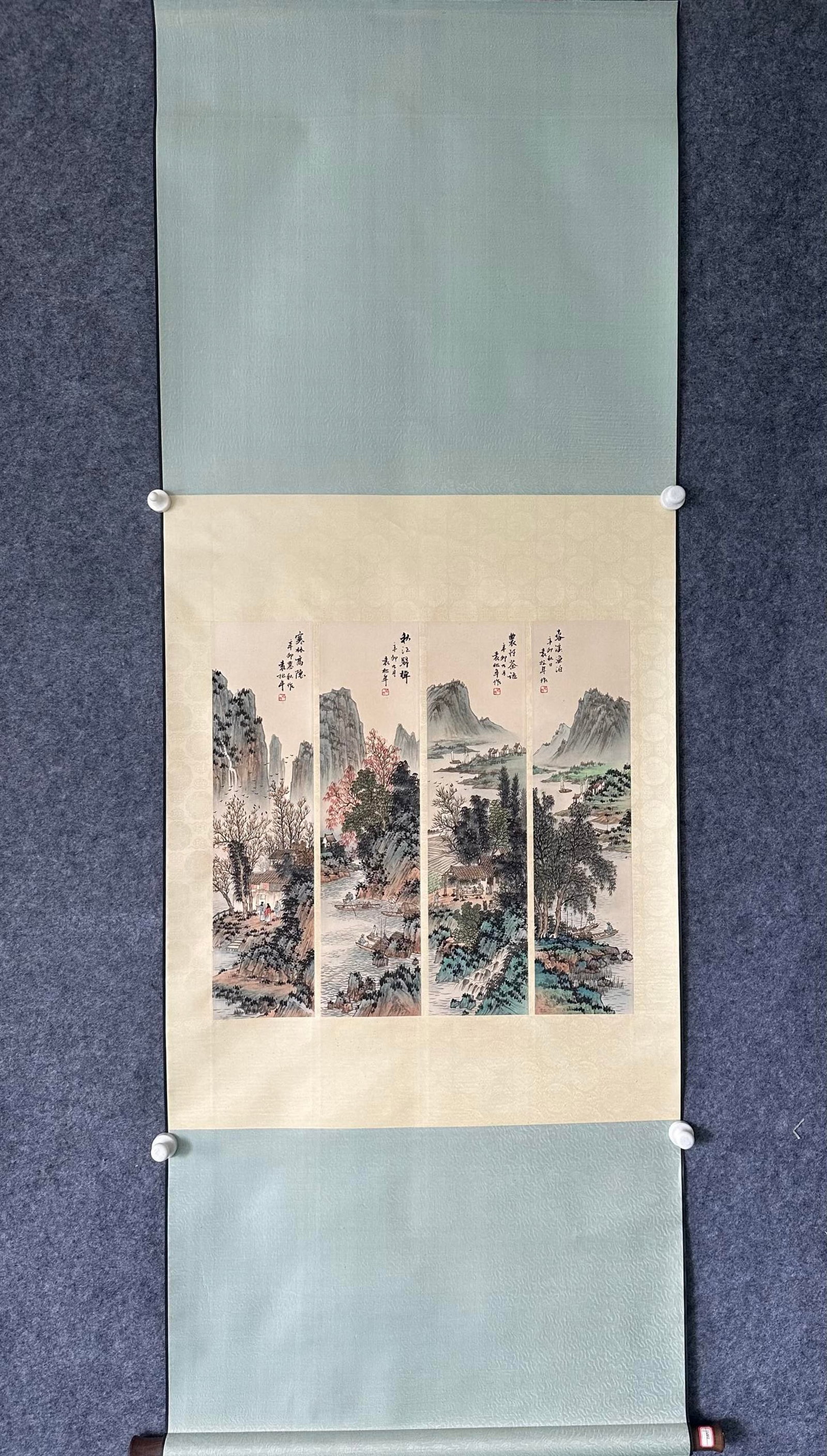 A Chinese Vertical Scroll Ink Painting of Landscape and Figure on Paper: A Chinese Vertical Scroll Ink Painting of Landscape and Figure on Paper,Yuan Songnian,Size:5.3inx21.5in*4
