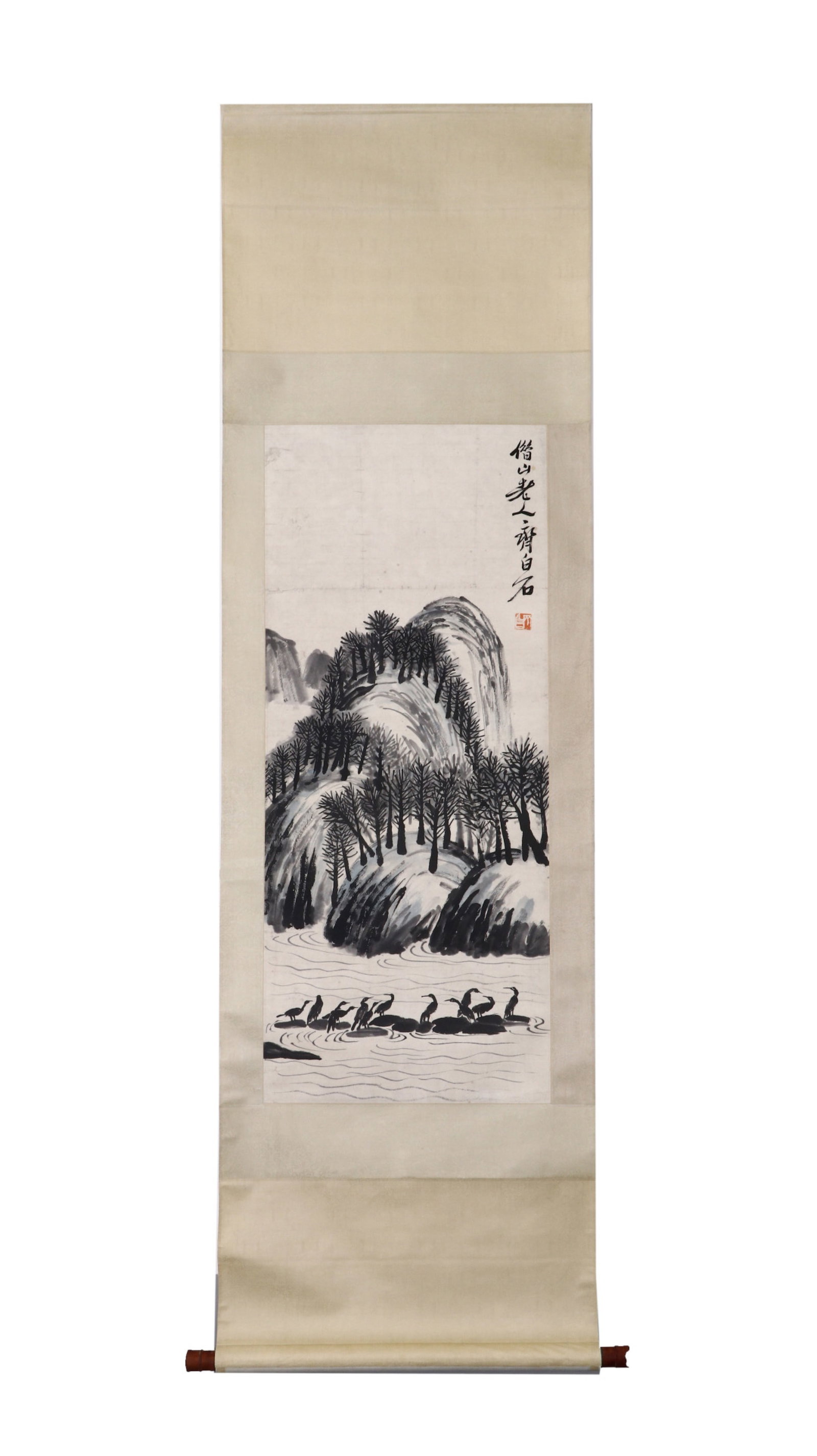 A Chinese Vertical Scroll Ink Painting of Landscape on Paper: A Chinese Vertical Scroll Ink Painting of Landscape on Paper,Qi Baishi,Size:16.9inx40.6in