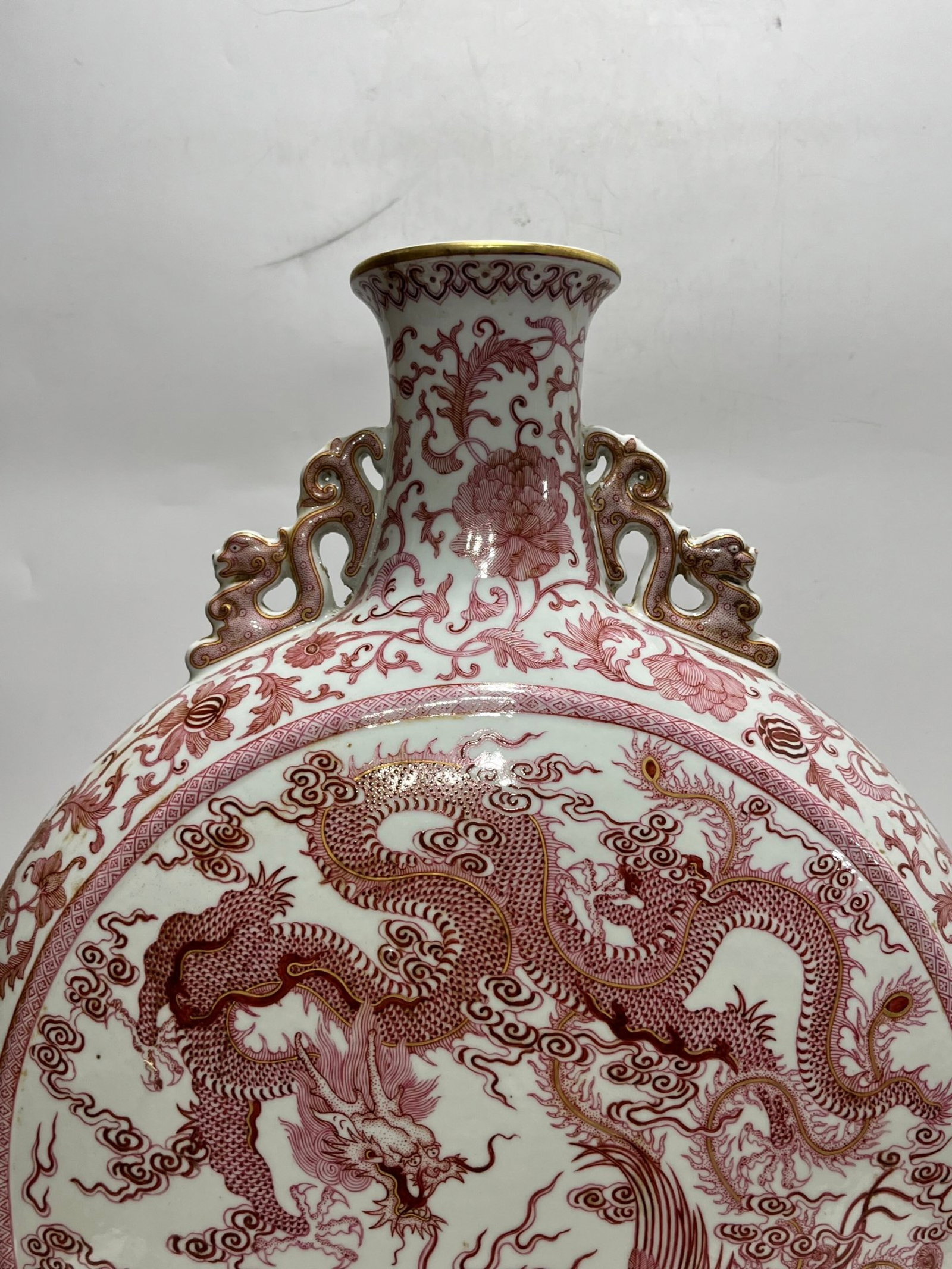 A Huge Ruby Red-Glazed Auspicious Cloud and Dragon Pattern Dragon-Ears Vase - 11