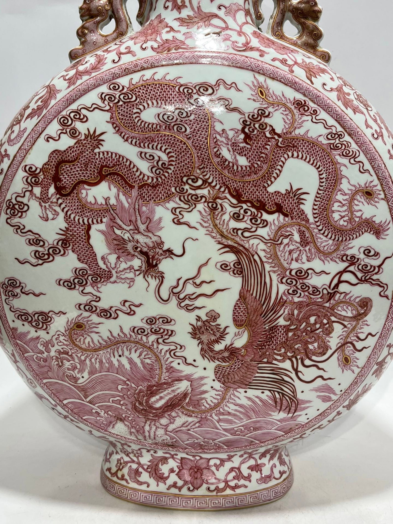 A Huge Ruby Red-Glazed Auspicious Cloud and Dragon Pattern Dragon-Ears Vase - 2