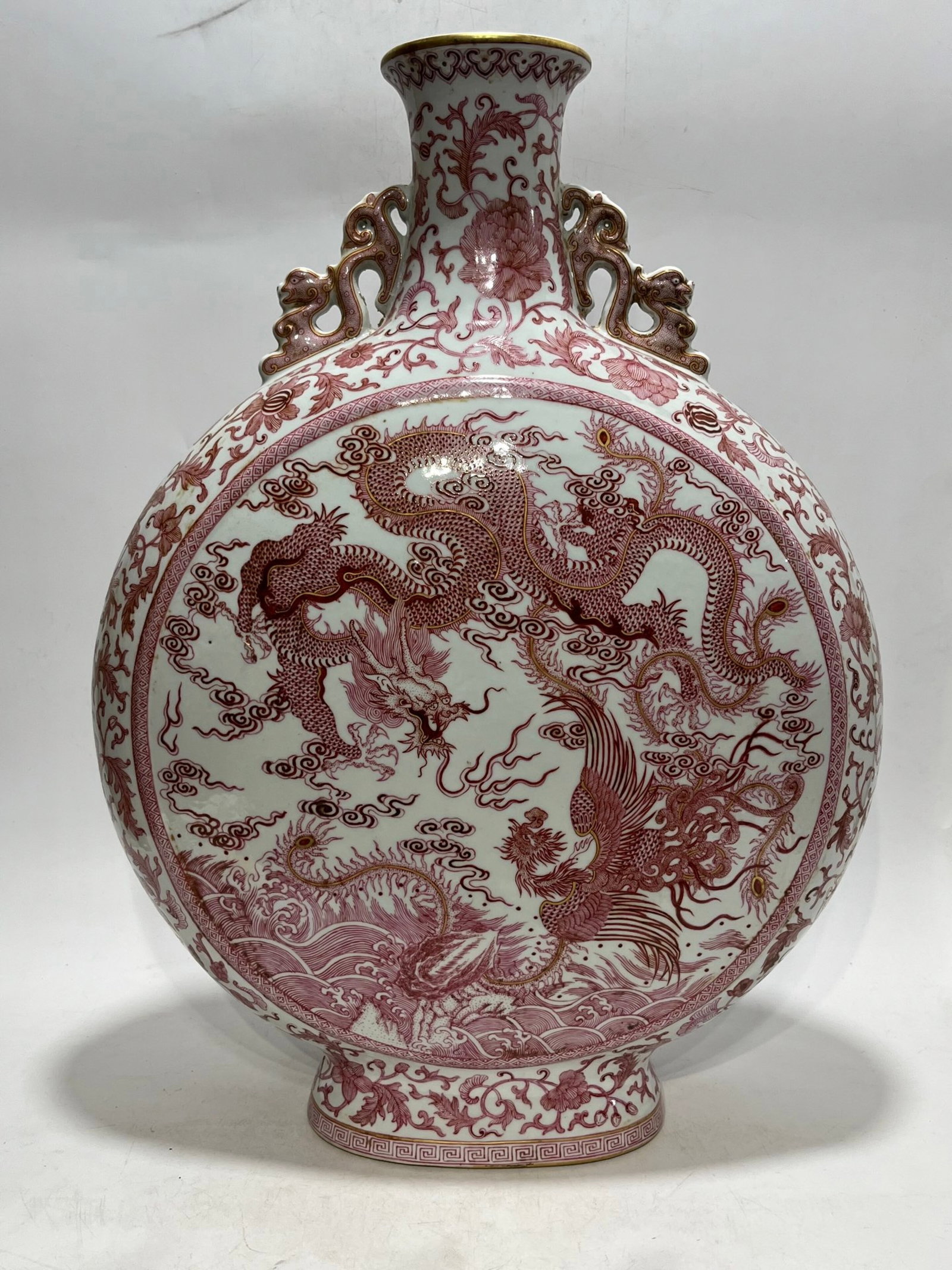 A Huge Ruby Red-Glazed Auspicious Cloud and Dragon Pattern Dragon-Ears Vase - 5