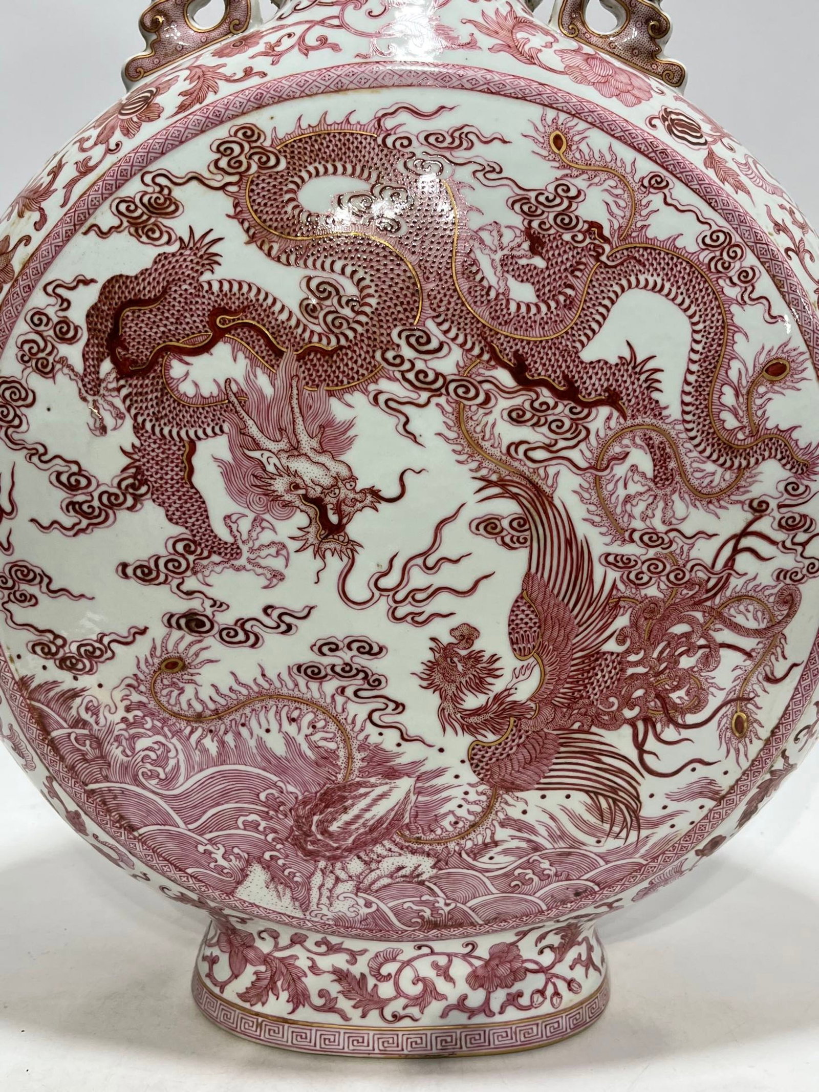 A Huge Ruby Red-Glazed Auspicious Cloud and Dragon Pattern Dragon-Ears Vase - 6