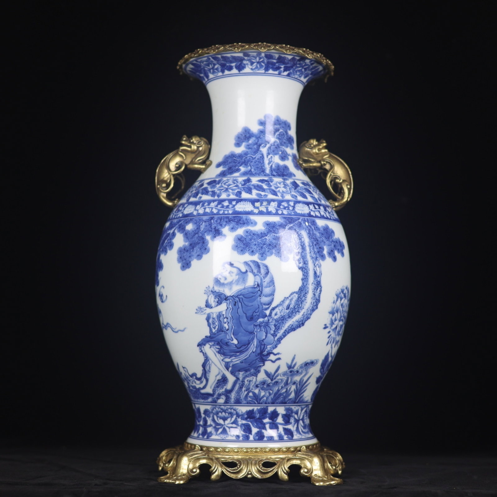 A Huge Blue and White Inlaid Bronze Figure,Flower and Bird Pattern Beast-Ears Vase: A Huge Blue and White Inlaid Bronze Figure,Flower and Bird Pattern Beast-Ears Vase,Qing Dynasty,China,Yongzheng Six-character Mark,Size:18.5inx7.1inx8.7inx8.3in