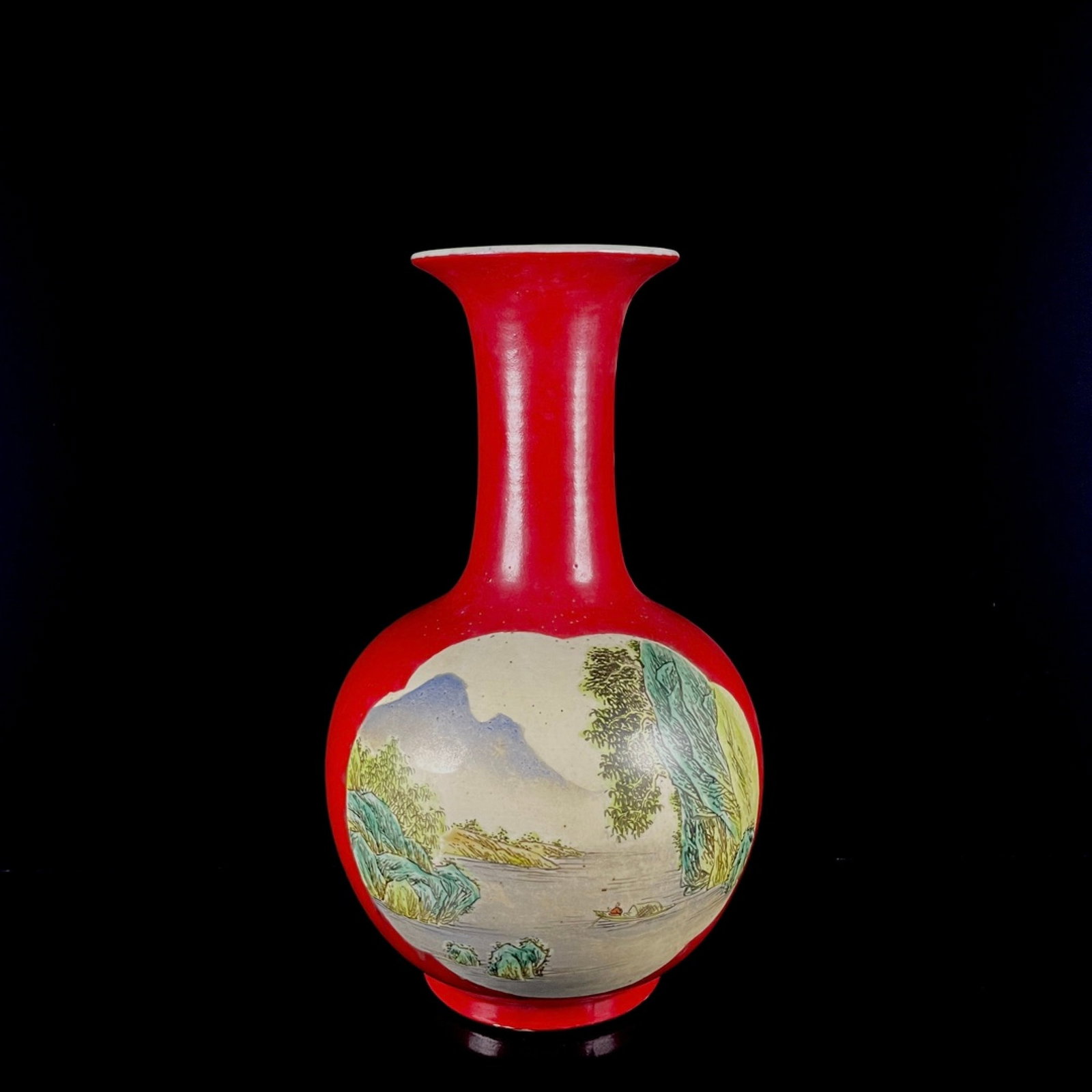 A Rare Red Glazed Famille-Rose Landscape and Figure Pattern Vase: A Rare Red Glazed Famille-Rose Landscape and Figure Pattern Vase,Qing Dynasty,China,Qianlong Six-character Mark,Size:13.4inx7.9in