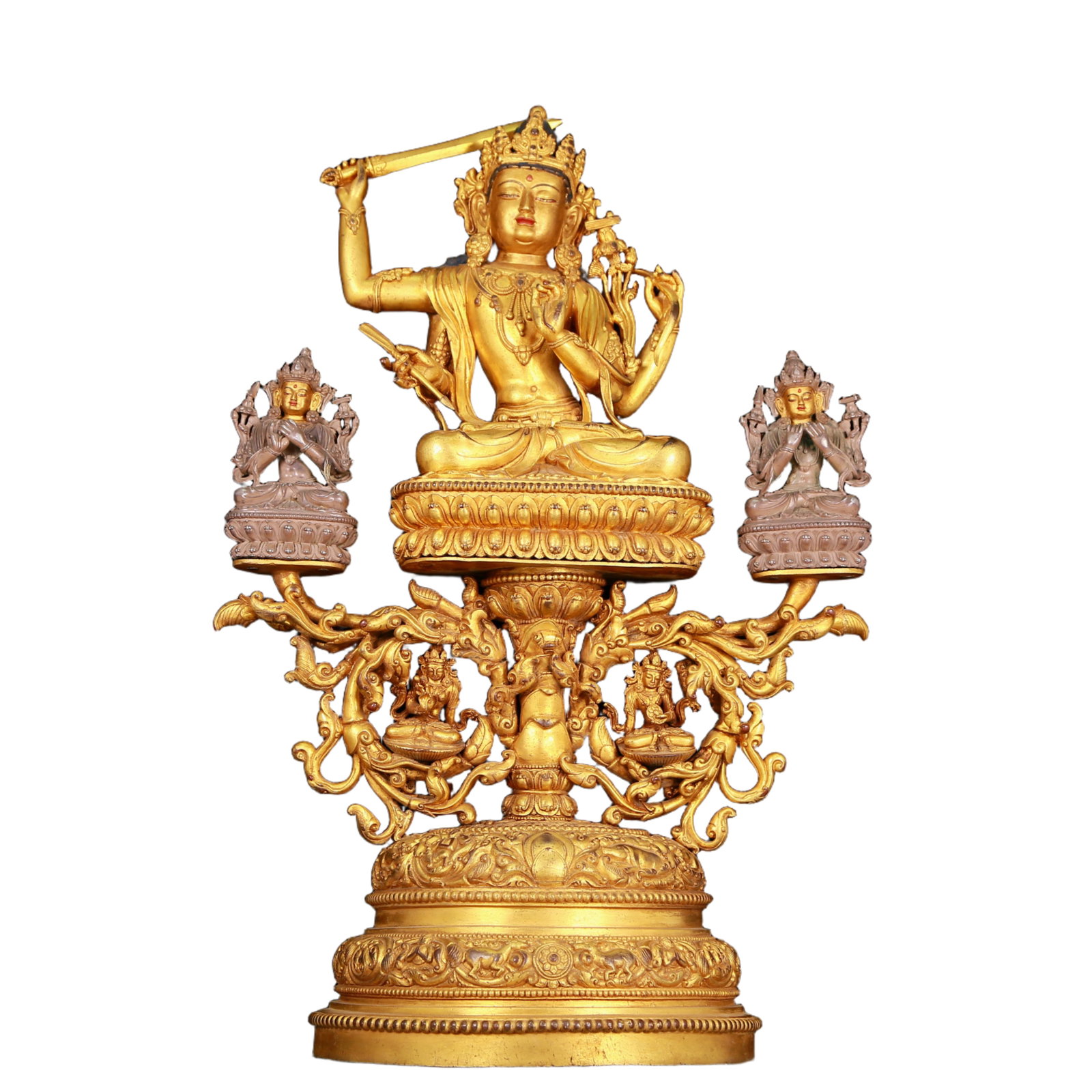 huge gilt bronze statue of Manjusri Bodhisattva: huge gilt bronze statue of Manjushri Bodhisattva, Ming Dynasty, China. Manjushri Bodhisattva wears a gorgeous crown on his head. The crown is dotted with gems, making it look more mysterious and solem