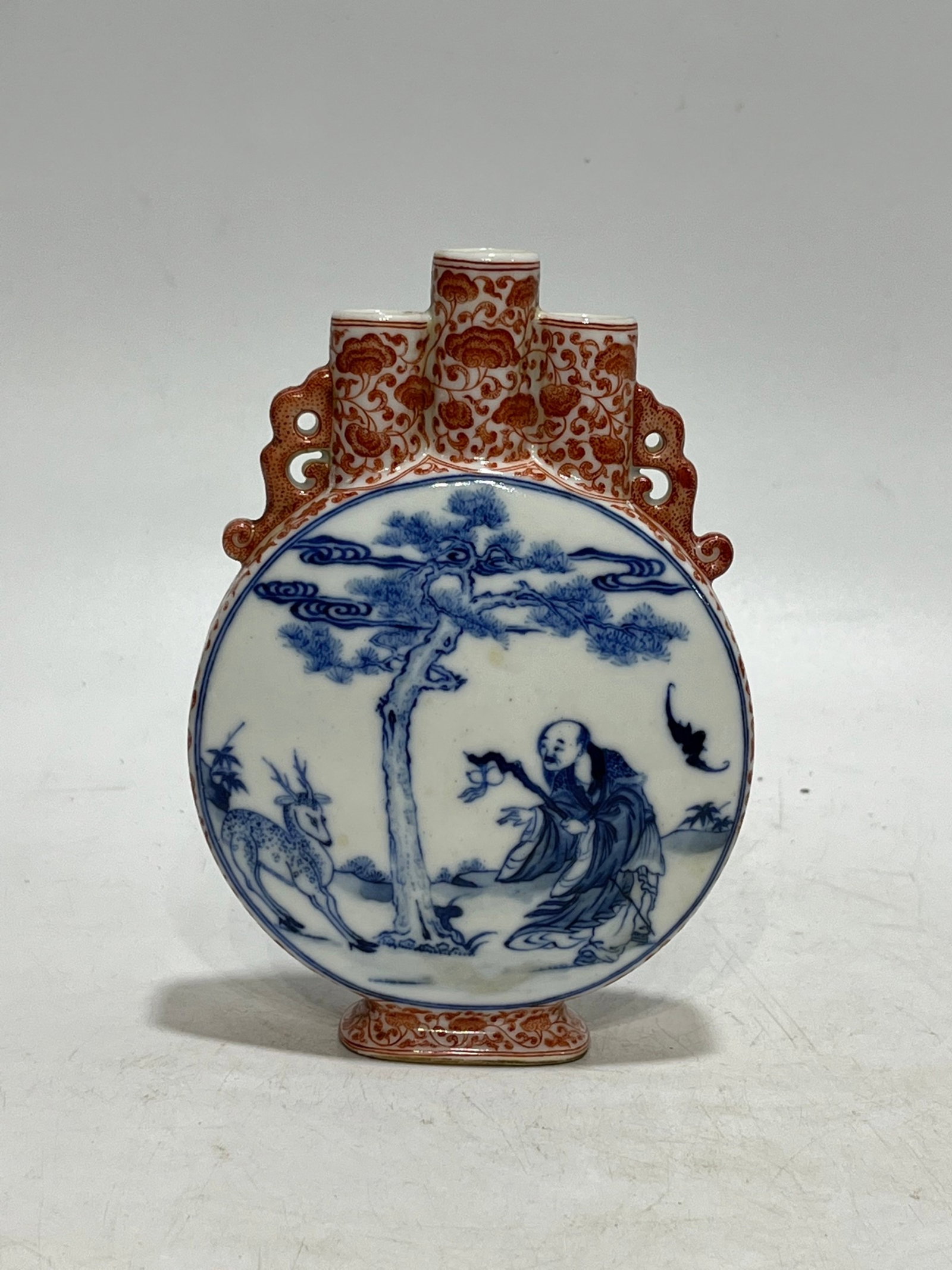 An Exquisite Blue and White Iron-Red Figure Pattern Double-Ears Vase: An Exquisite Blue and White Iron-Red Figure Pattern Double-Ears Vase,Qing Dynasty,China,Qianlong Four-character Mark,Size:5.6in