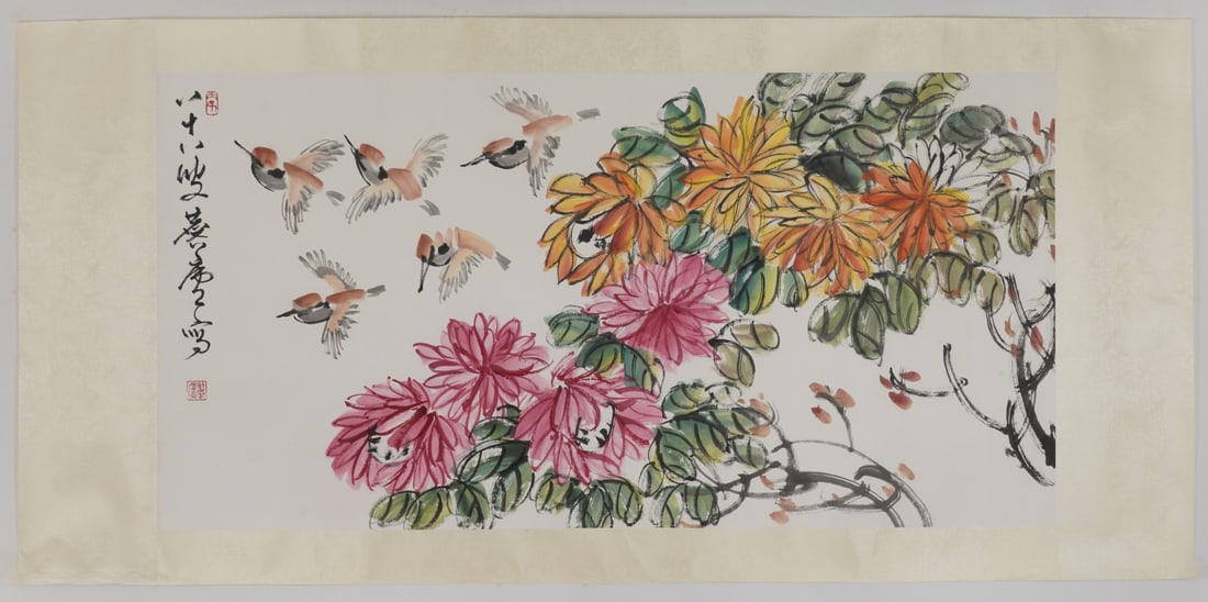 A Chinese Ink Painting of Flower and Bird on Paper: A Chinese Ink Painting of Flower and Bird on Paper,Zhu Qingyou,Size:37.4inx53.9in 一幅中国水墨花鸟画,竺庆有