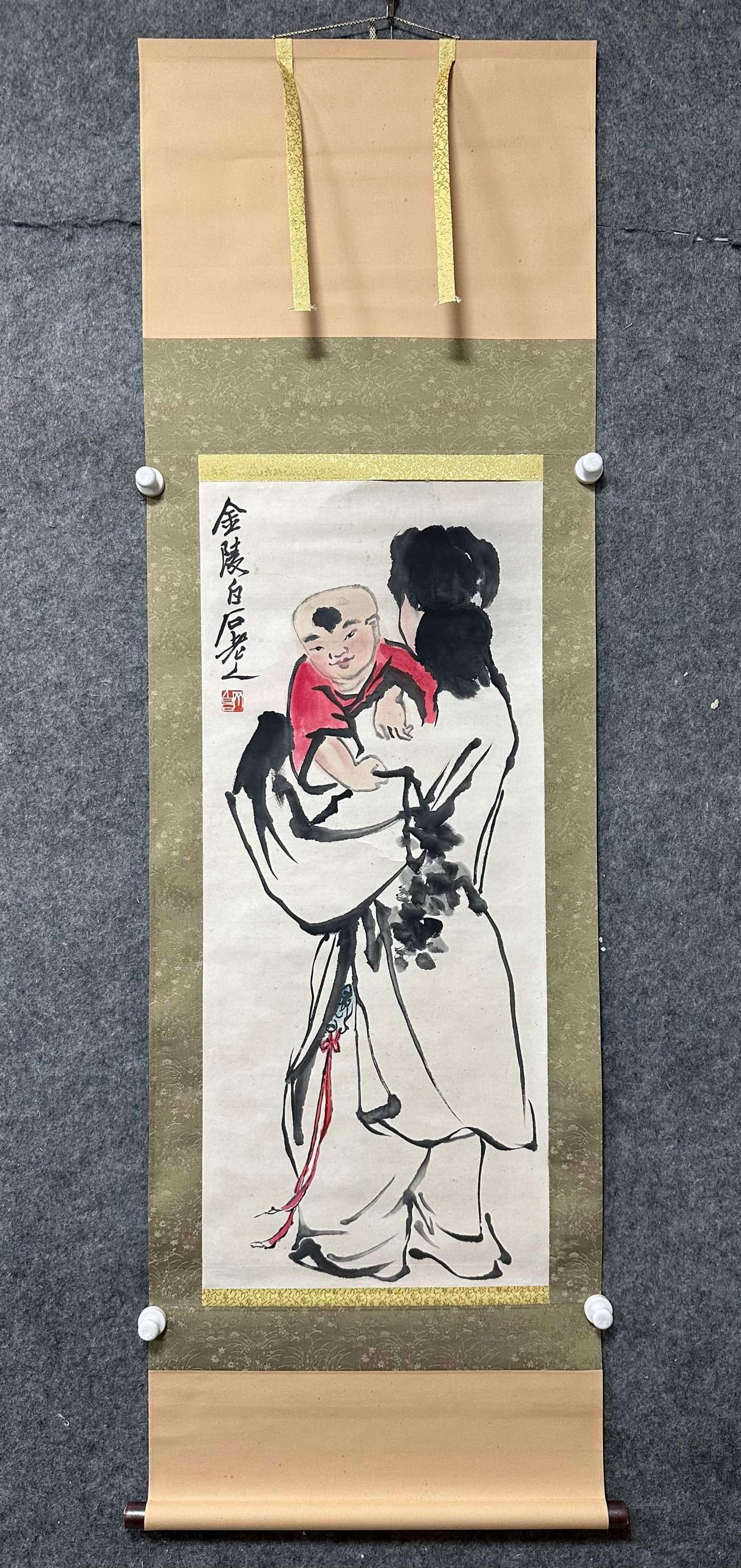 A Chinese Vertical Scroll Ink Painting of Character and Story on Paper: A Chinese Vertical Scroll Ink Painting of Character and Story on Paper,Qi Baishi,Size:16.5inx38.2in