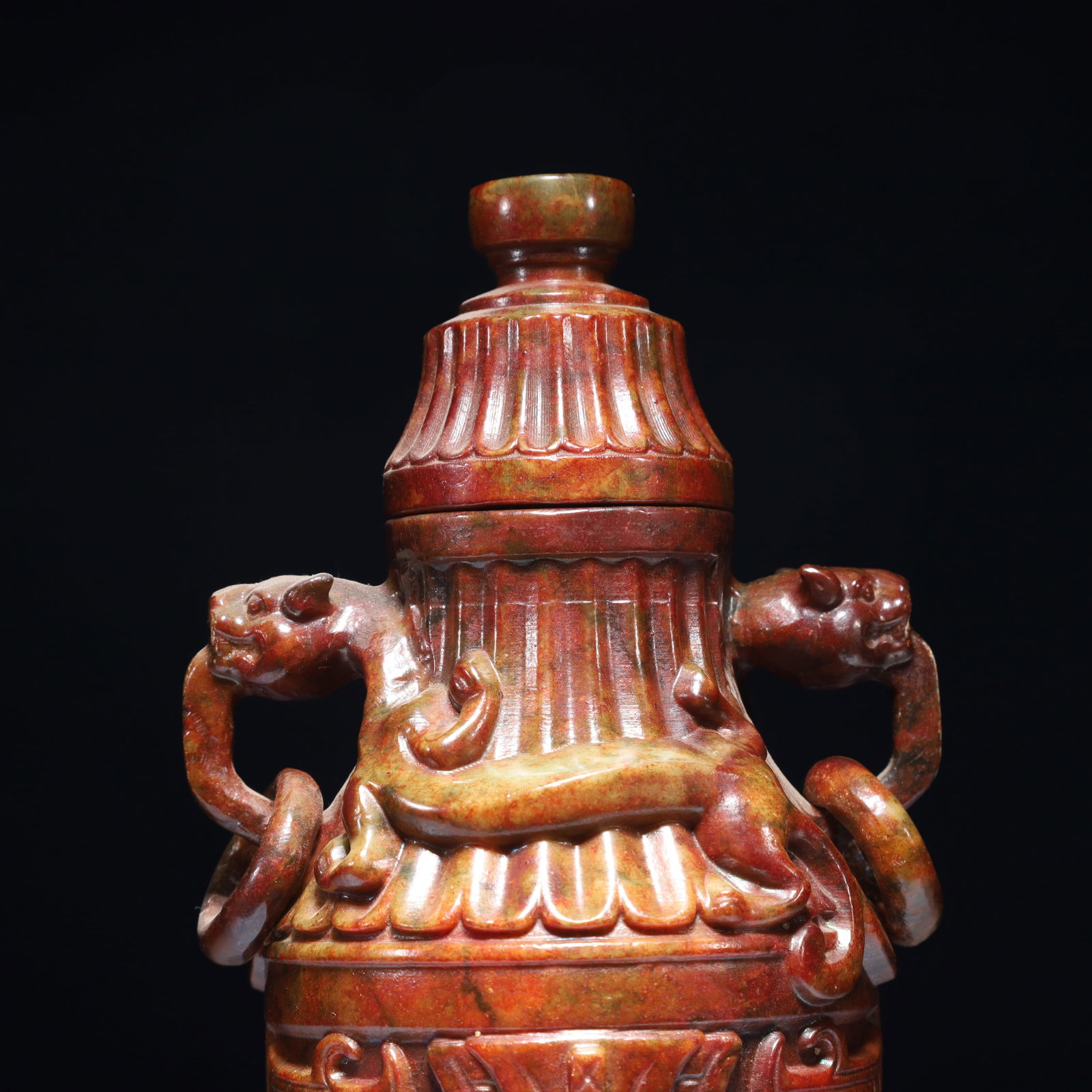 An Exquisite Archaic Jade Beast-Face Pattern Double-Ears Bottle - 2