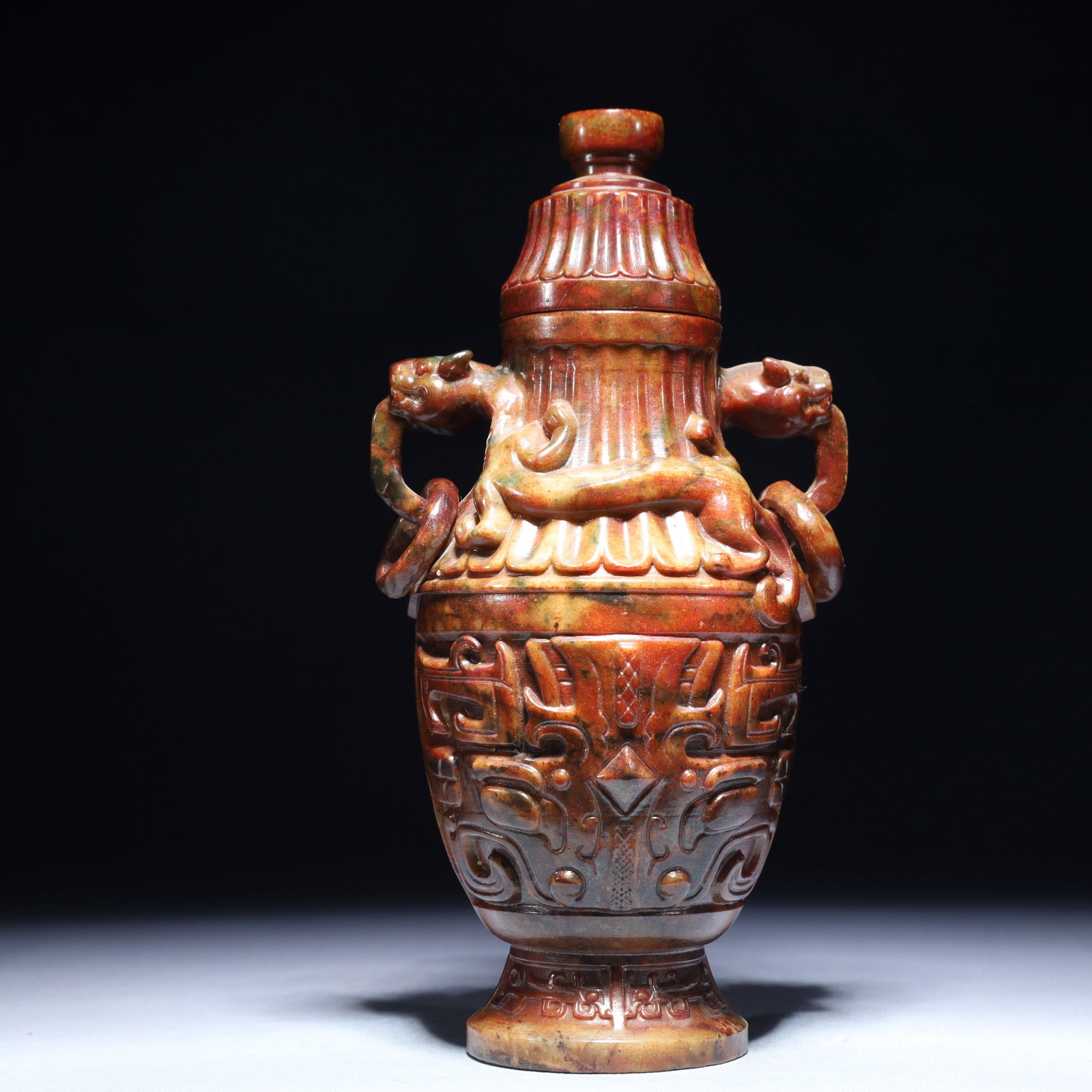 An Exquisite Archaic Jade Beast-Face Pattern Double-Ears Bottle - 7