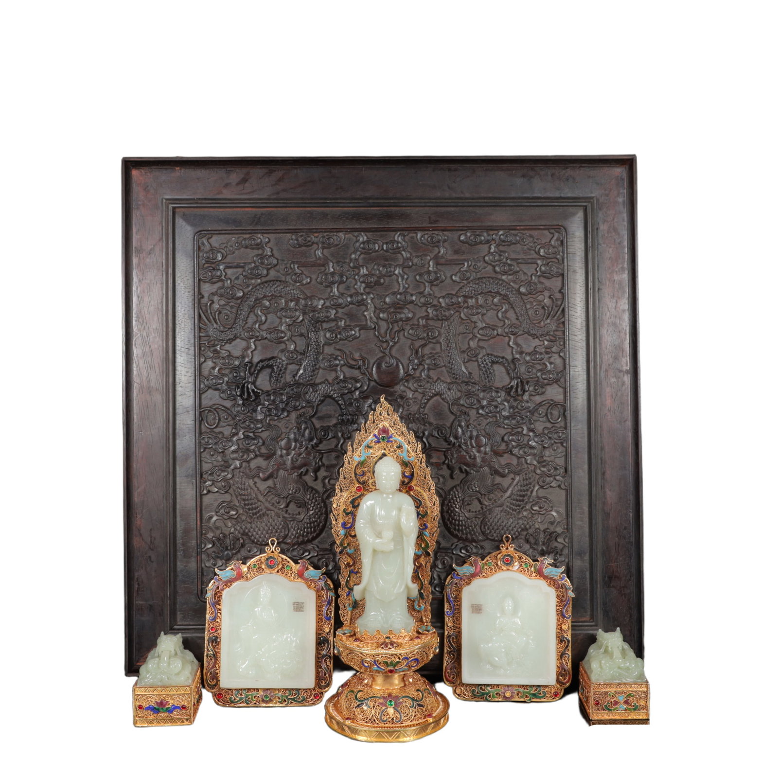 A Set of Fine White Jade Inlaid Gems Figure Ornaments,With Poem: A Set of Fine White Jade Inlaid Gems Figure Ornaments,With Poem,Qing Dynasty,China,Qianlong Four-character Mark,Size:(Seal)2.4inx1.6inx2.6in,(Box)18.5inx7.9in,Weight:2100g 一套白