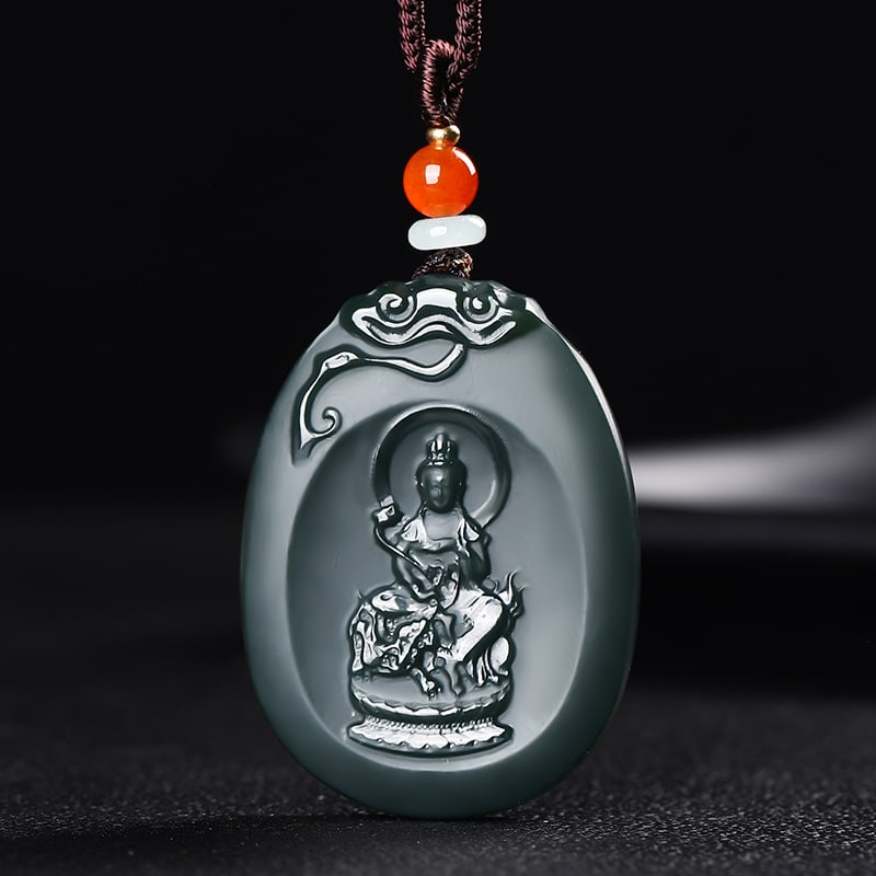 An Exquisite Cyan jade Statue of Manjusri Pendant: An Exquisite Cyan jade Statue of Manjusri Pendant,Size:45mx1.3inx0.3in 青玉文殊菩萨像挂件