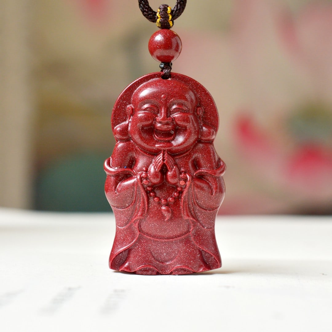 An Exquisite Cinnabar Pendant with Statue of Maitreya Buddha: An Exquisite Cinnabar Pendant with Statue of Maitreya Buddha,Size:1.2inx1.9in,Weight:34g 朱砂挂件带弥勒佛像