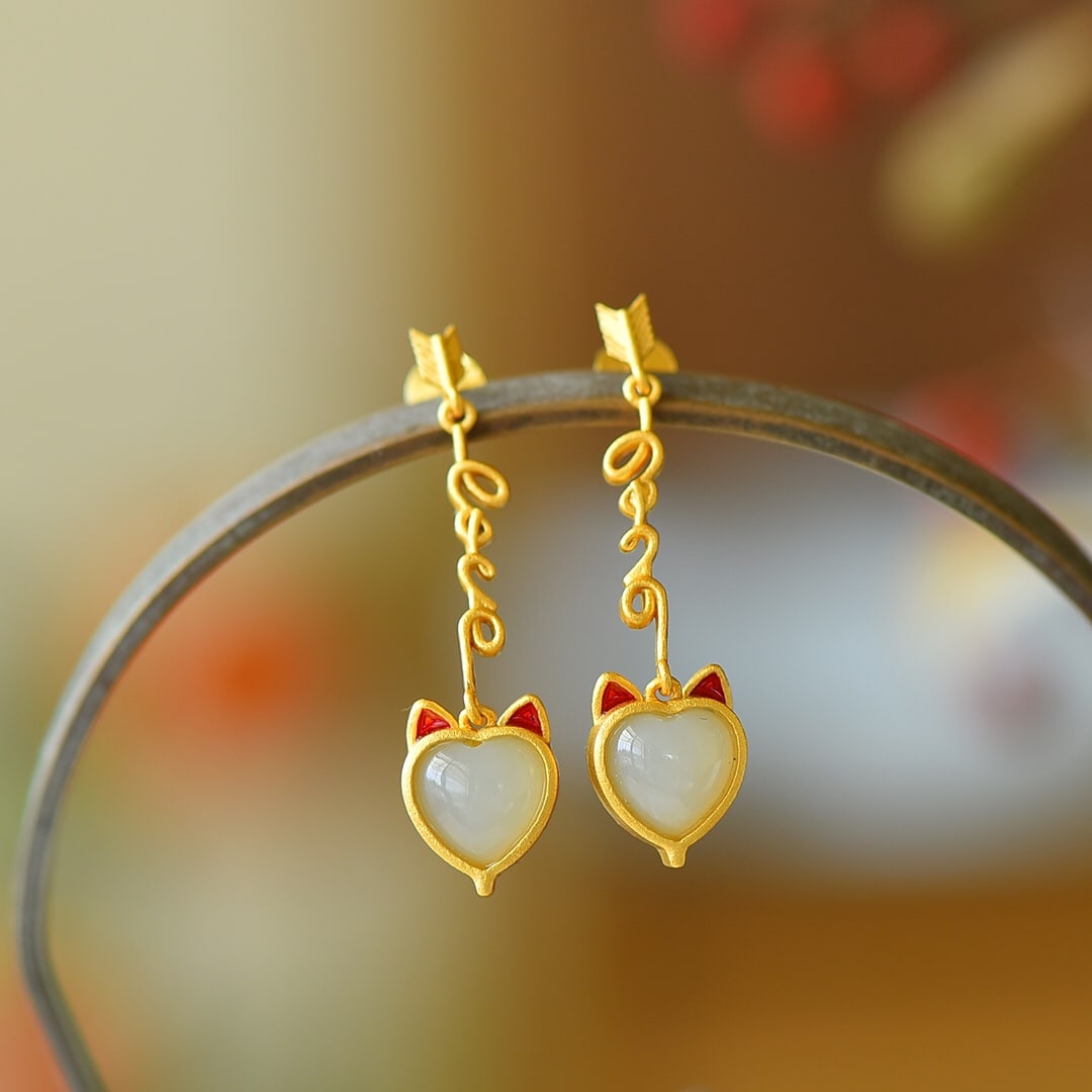 A Pair of Exquisite Sterling Silver-Gold Plated Inlaid White Jade Earrings: A Pair of Exquisite Sterling Silver-Gold Plated Inlaid White Jade Earrings 一对纯银镀金镶白玉耳环