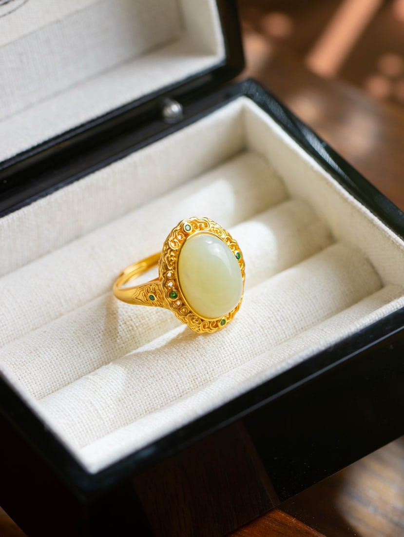 An Exquisite Sterling Silver-Gold Plated Inlaid White Jade Ring: An Exquisite Sterling Silver-Gold Plated Inlaid White Jade Ring 纯银镀金镶白玉戒指