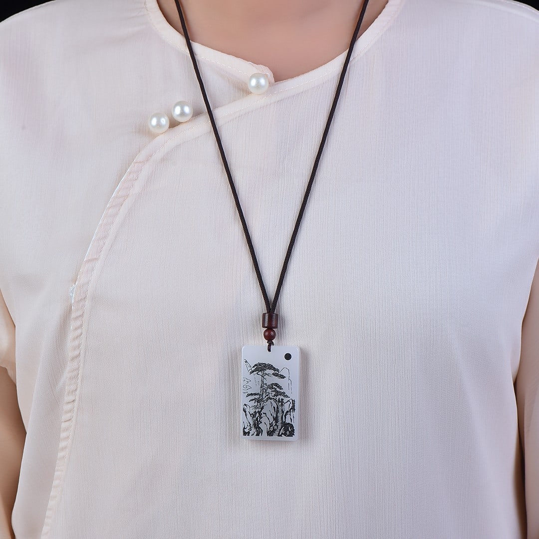 An Exquisite White Jade Landscape Pattern Pendant: An Exquisite White Jade Landscape Pattern Pendant,Size:1.2inx2in 白玉山水纹挂件