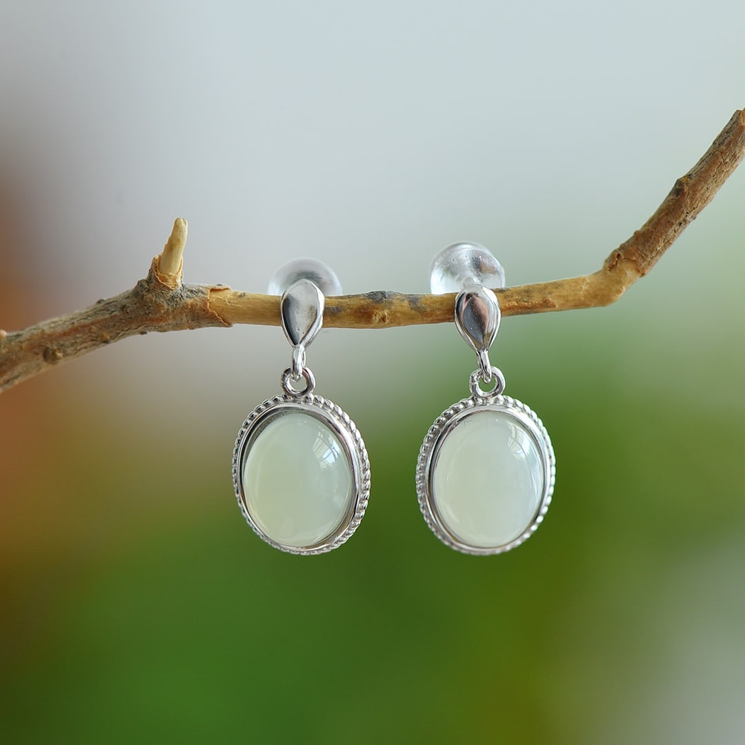 A Pair of Exquisite Sterling Silver Inlaid White Jade Earrings: A Pair of Exquisite Sterling Silver Inlaid White Jade Earrings, 一对纯银镶白玉耳环