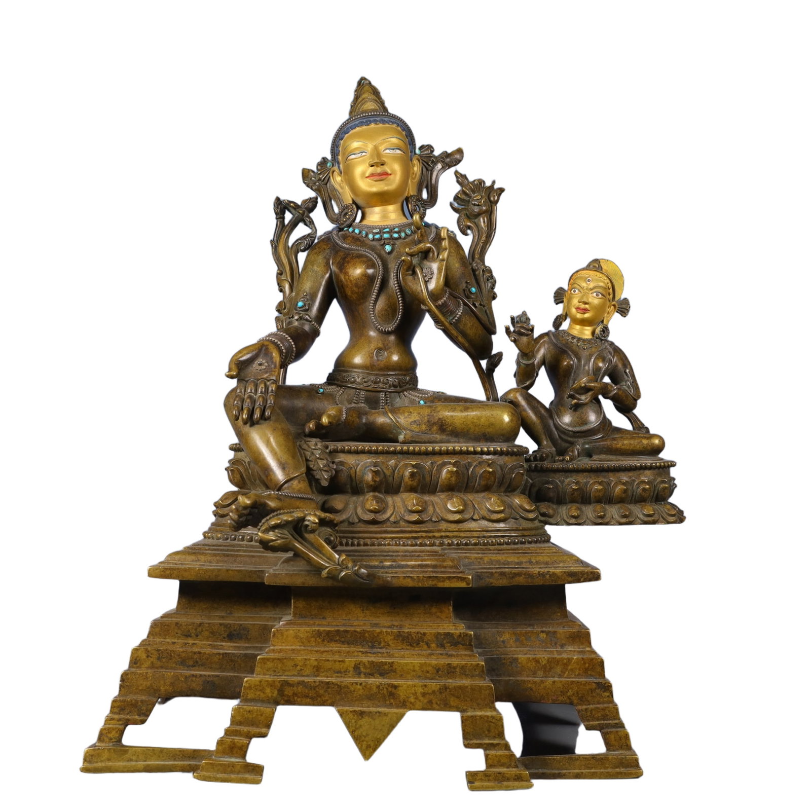 A Solemn Gilt Bronze Buddha Statue,Inlaid Turquoise,With Inscription: A Solemn Gilt Bronze Buddha Statue,Inlaid Turquoise,With Inscription,Qing Dynasty, China,Size:16.5inx10.2inx19.3in,Weight:12650g 铜鎏金佛像,嵌绿松௾