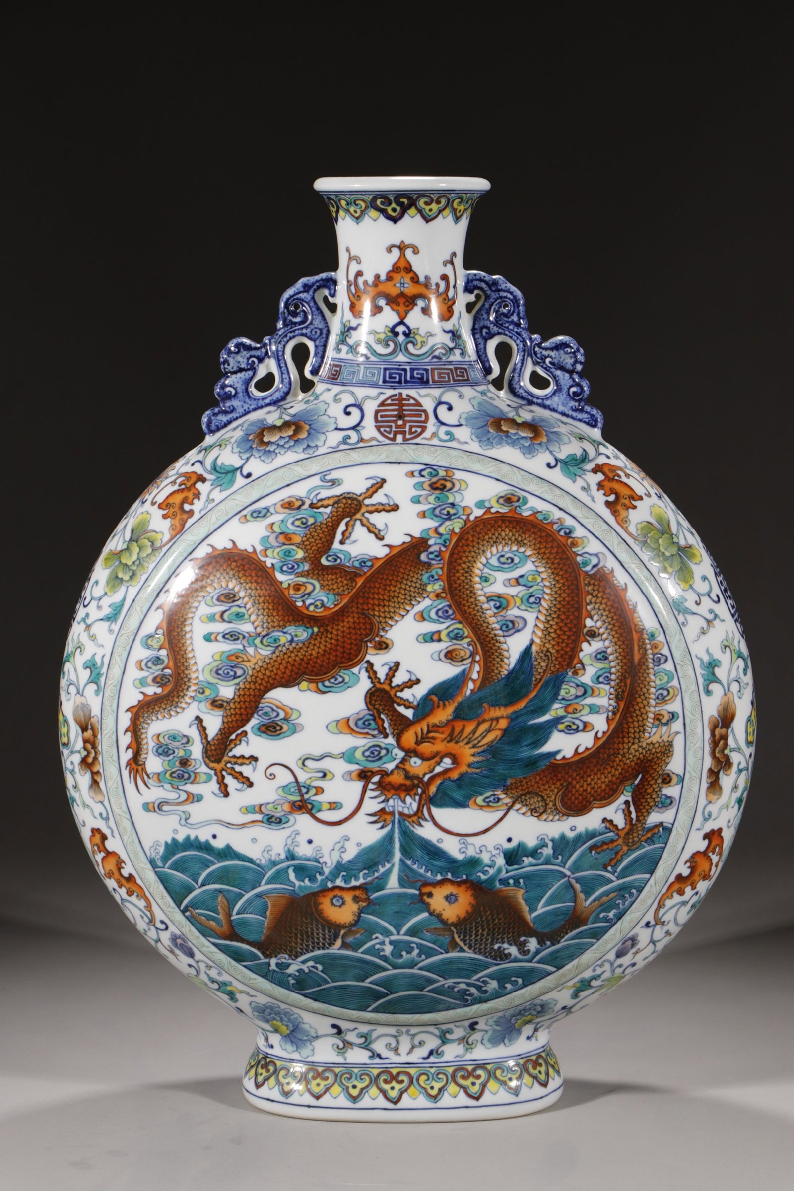 A Huge Doucai Auspicious Cloud,Fish and Dragon Pattern Dragon-Ears Vase: A Huge Doucai Auspicious Cloud,Fish and Dragon Pattern Dragon-Ears Vase,Qing Dynasty,China,Qianlong Six-character Mark,Size:22.8in