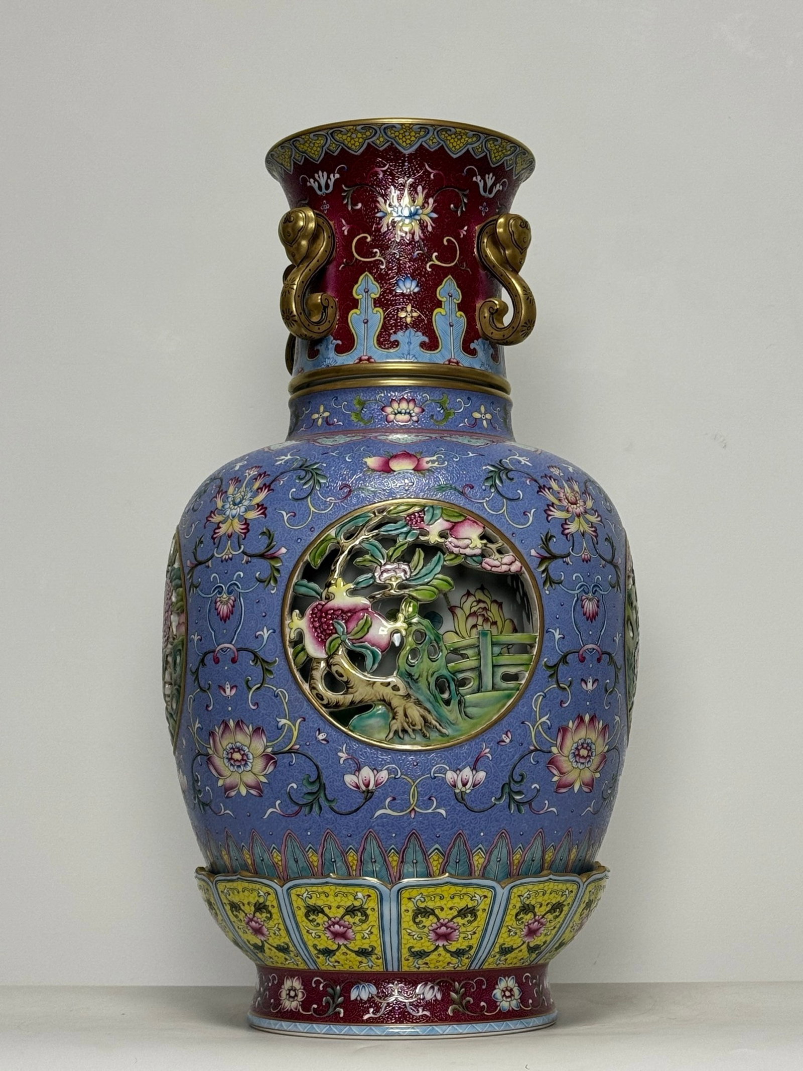 A Huge Enamel Blue Ground Painted Gold Hollow Flower and Fruit Pattern Ruyi-Ears Vase: A Huge Enamel Blue Ground Painted Gold Hollow Flower and Fruit Pattern Ruyi-Ears Vase,Qing Dynasty,China,Qianlong Six-character Mark,Size:20.9inx11.8in 珐琅彩蓝地描