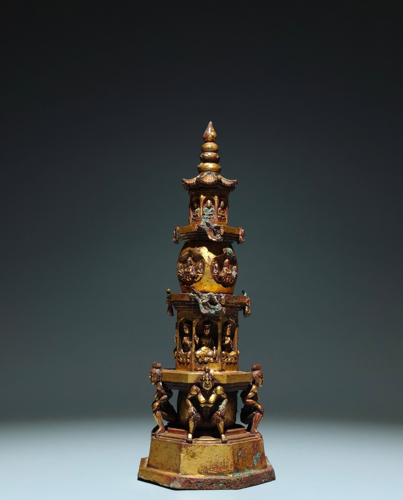 A Rare Gilt Bronze Pagoda,With Inscription: A Rare Gilt Bronze Pagoda,With Inscription,Tang Dynasty,China,Size:12.6inx4.7in 铜鎏金佛塔,带铭文,中国唐代