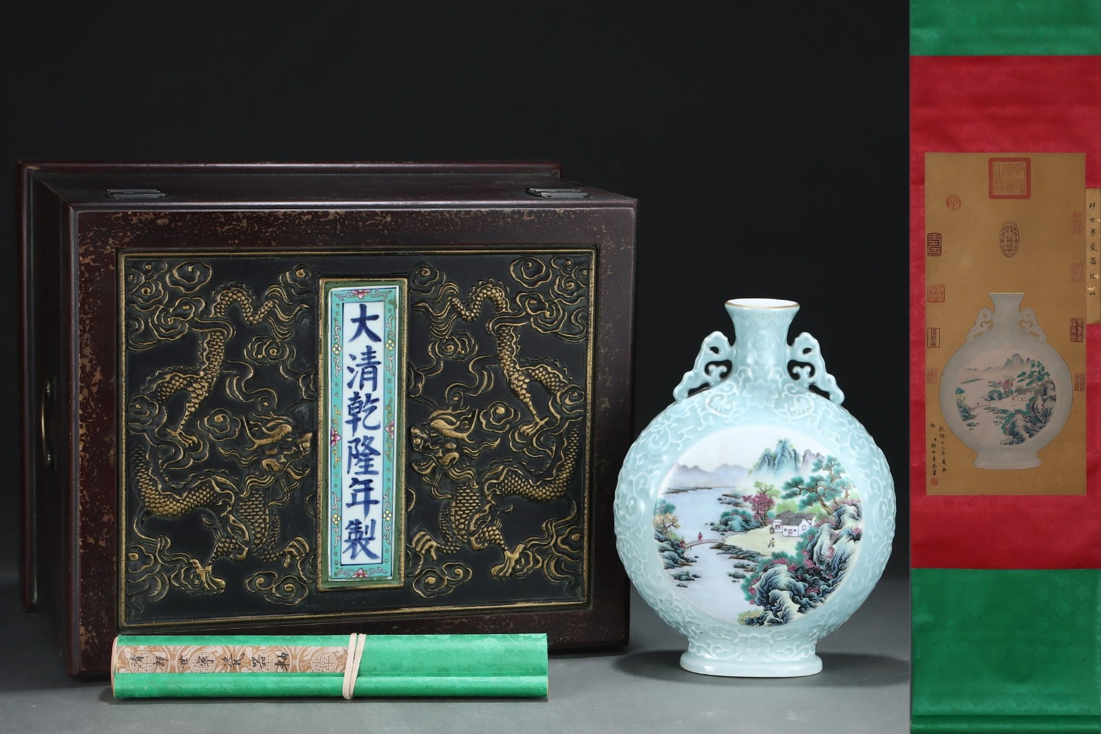 An Exquisite Famille-Rose Sky Blue Glazed Lotus Pattern Landscape Pattern Painted Gold Double-Ears: An Exquisite Famille-Rose Sky Blue Glazed Lotus Pattern Landscape Pattern Painted Gold Double-Ears Vase,With Vertical Scroll Painting on Silk,Qing Dynasty,China,with Qianlong Six-character Mark,Size:1