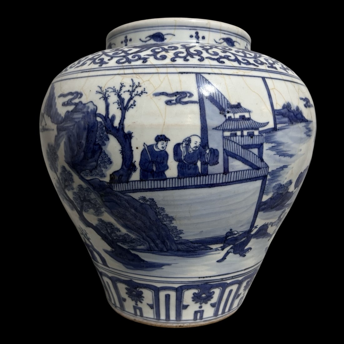 A Rare Blue and White Landscape and Figure Pattern Jar: A Rare Blue and White Landscape and Figure Pattern Jar,Qing Dynasty,China,Size:9.1inx12.4in