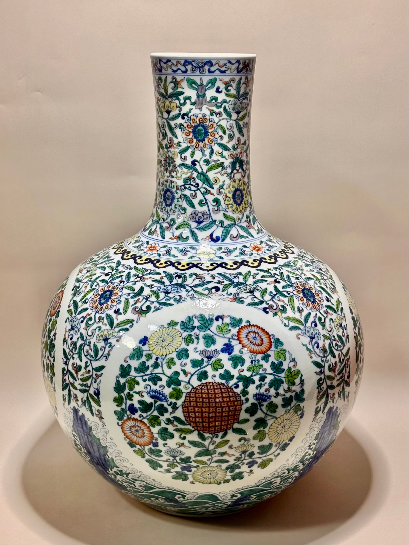 A Huge Blue and White Doucai Lotus Pattern Vase: A Huge Blue and White Doucai Lotus Pattern Vase,Qing Dynasty,China,Yongzheng Six-character Mark,Size:20.5inx15.7in 青花斗彩缠枝莲纹瓶,中