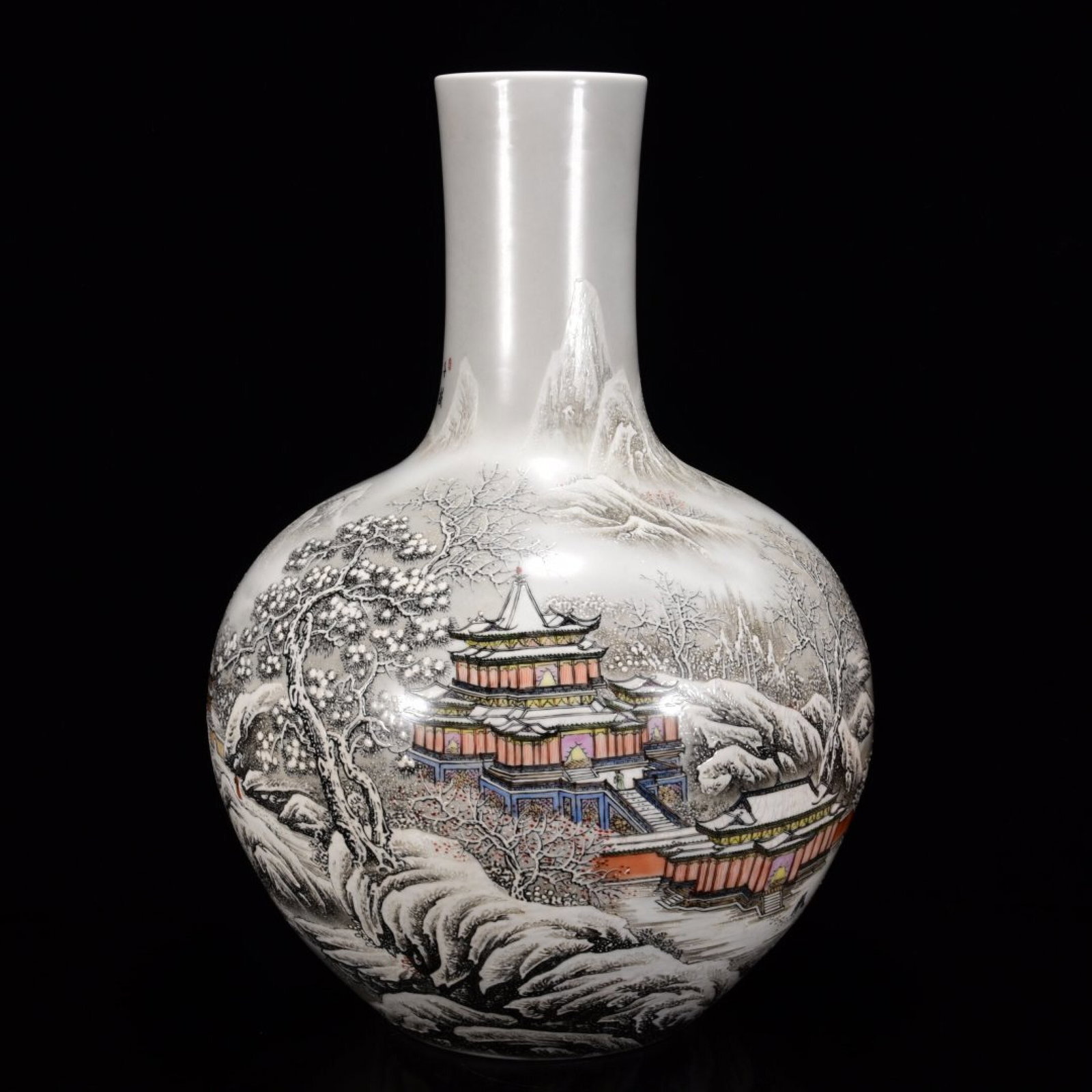A Huge Ink Color Landscape and Figure Pattern Vase,with poem: A Huge Ink Color Landscape and Figure Pattern Vase,with poem,Qing Dynasty,China,Qianlong Six-character Mark,Size:21.7inx15in 墨彩山水人物纹瓶,带&#