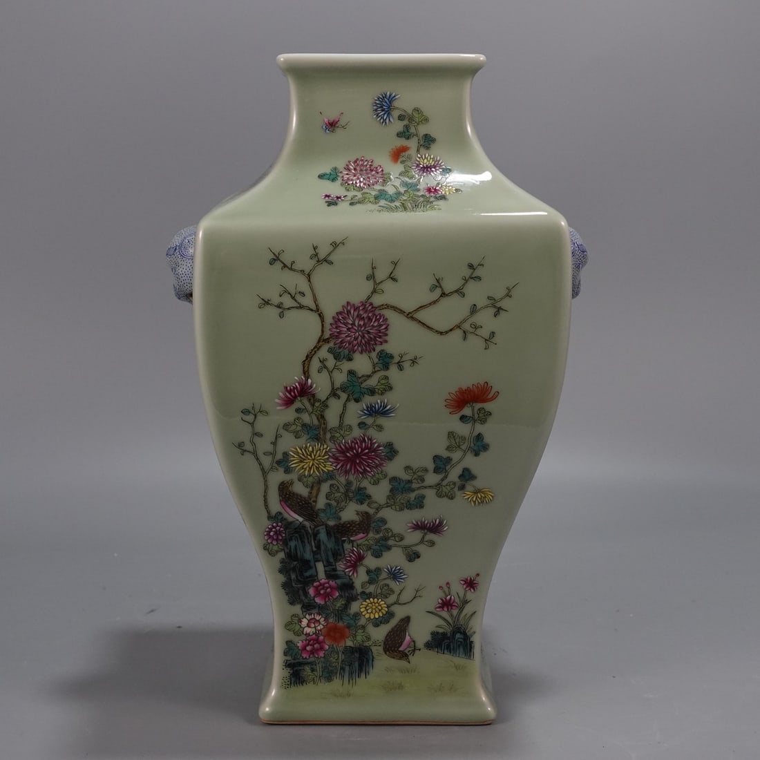 A Rare Famille-Rose Celadon Glazed Flower and Bird Pattern Beast-Ears Vase: A Rare Famille-Rose Celadon Glazed Flower and Bird Pattern Beast-Ears Vase,Qing Dynasty,China,Qianlong Six-character Mark,Size:12.6inx8.5in 粉彩青釉花鸟纹