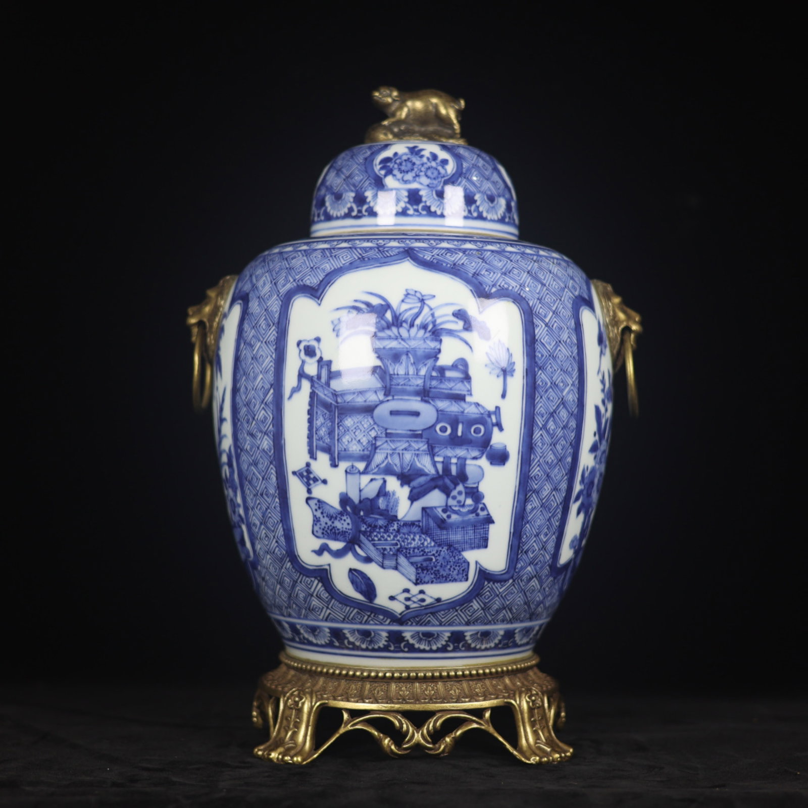 A Rare Blue and White Inlaid Bronze Flower and Bird Pattern Lion-Ears Jar with Cover: A Rare Blue and White Inlaid Bronze Flower and Bird Pattern Lion-Ears Jar with Cover,Qing Dynasty,China,Size:14.6inx4.1inx10.2inx7.1in 青花镶铜花鸟纹狮&
