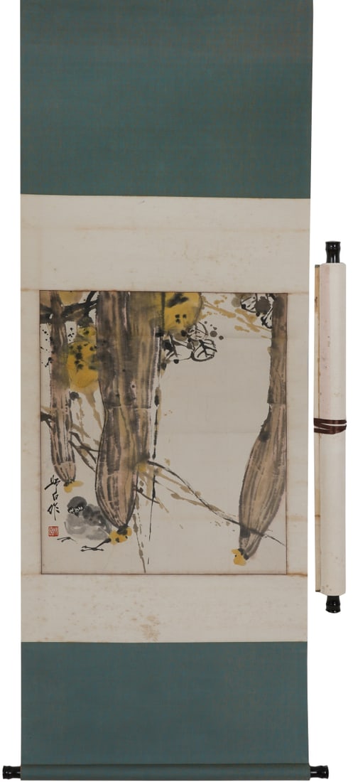 A Chinese Vertical Scroll Ink Painting of Rooster on Paper: A Chinese Vertical Scroll Ink Painting of Rooster on Paper,Lou Shibai,Size:26.4inx22.8in 一幅中国水墨鸡画立轴,娄师白