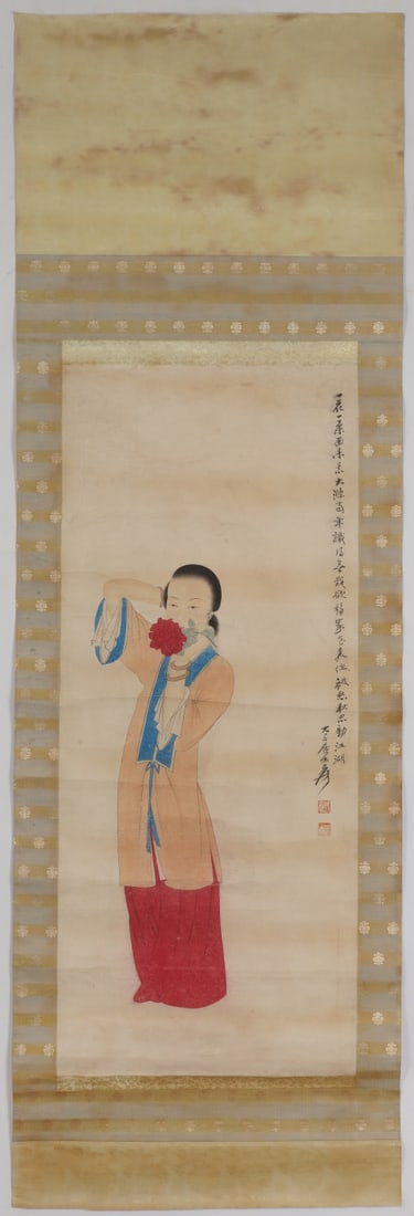 A Chinese Ink Painting of Figure on Paper: A Chinese Ink Painting of Figure on Paper,Zhang Daqian,Size:37.8inx15.7in 一幅中国水墨人物画,张大千