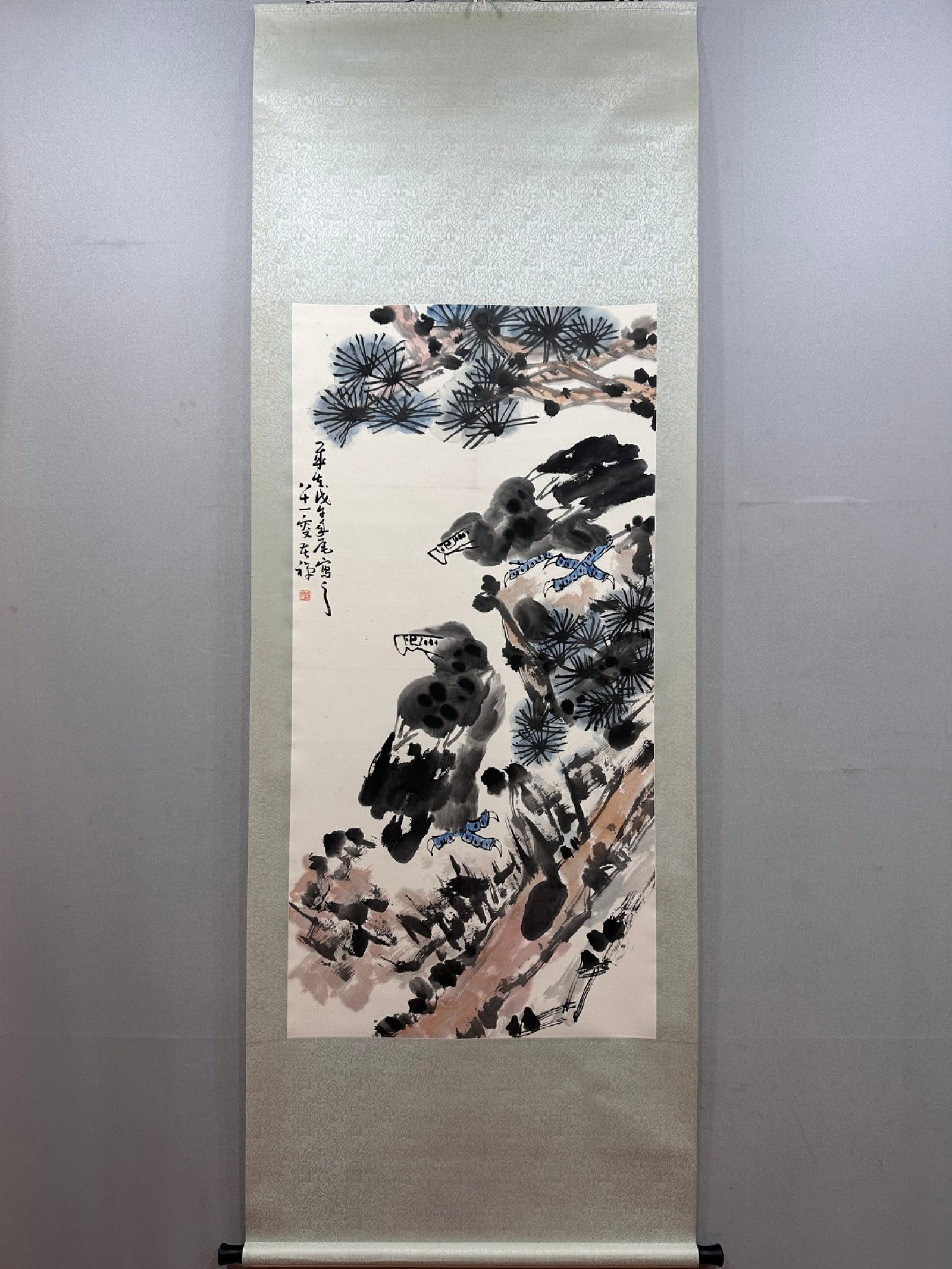 A Chinese Vertical Scroll Ink Painting of Pine and Eagle on Paper: A Chinese Vertical Scroll Ink Painting of Pine and Eagle on Paper,Li Kuchan,Size:27.2inx53.5in 一幅中国水墨松鹰画立轴,李苦