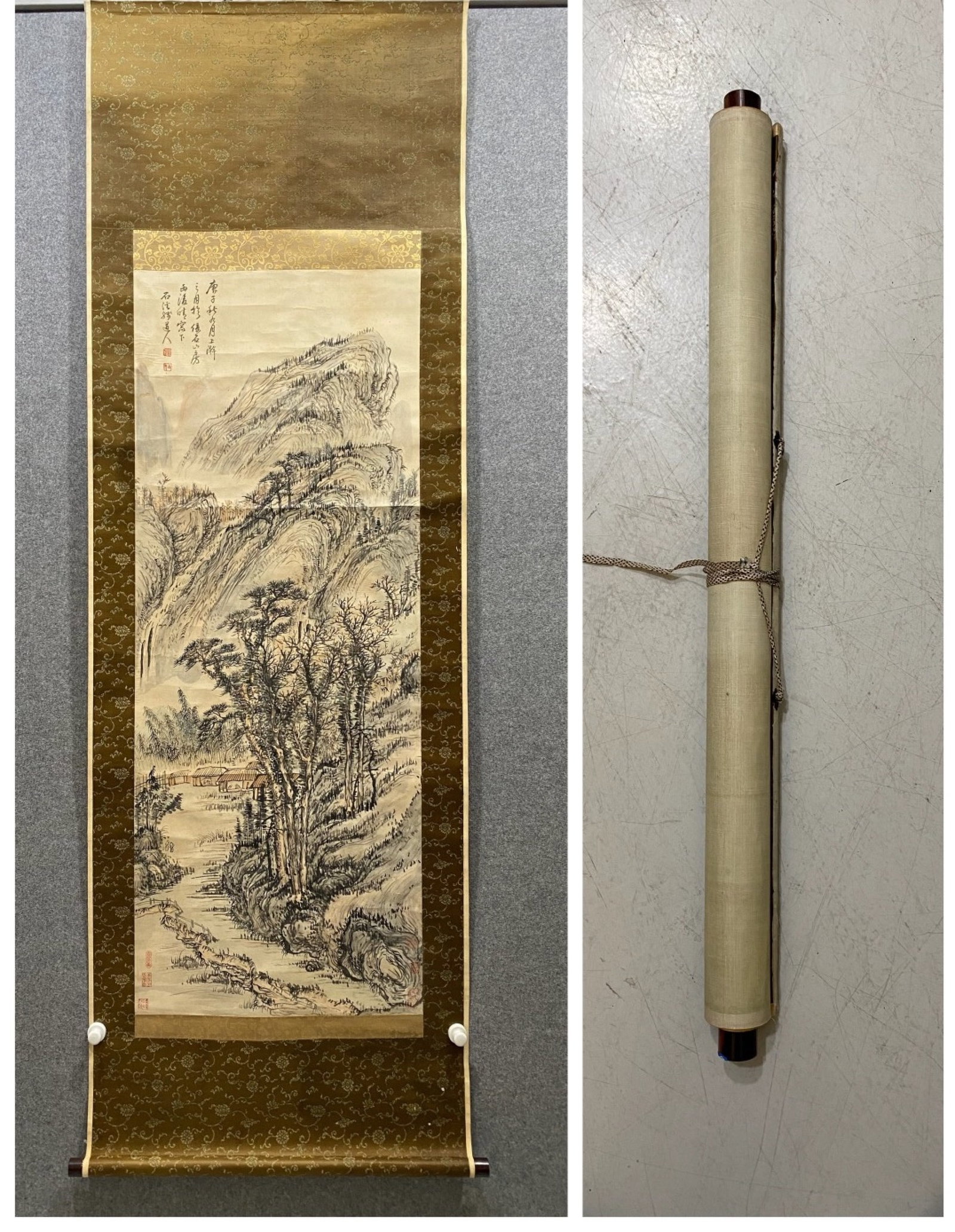 A Chinese Vertical Scroll Ink Painting of Landscape on Paper: A Chinese Vertical Scroll Ink Painting of Landscape on Paper,Kun Can,Size:53.5inx20.5in 一幅中国水墨山水画立轴,髡残