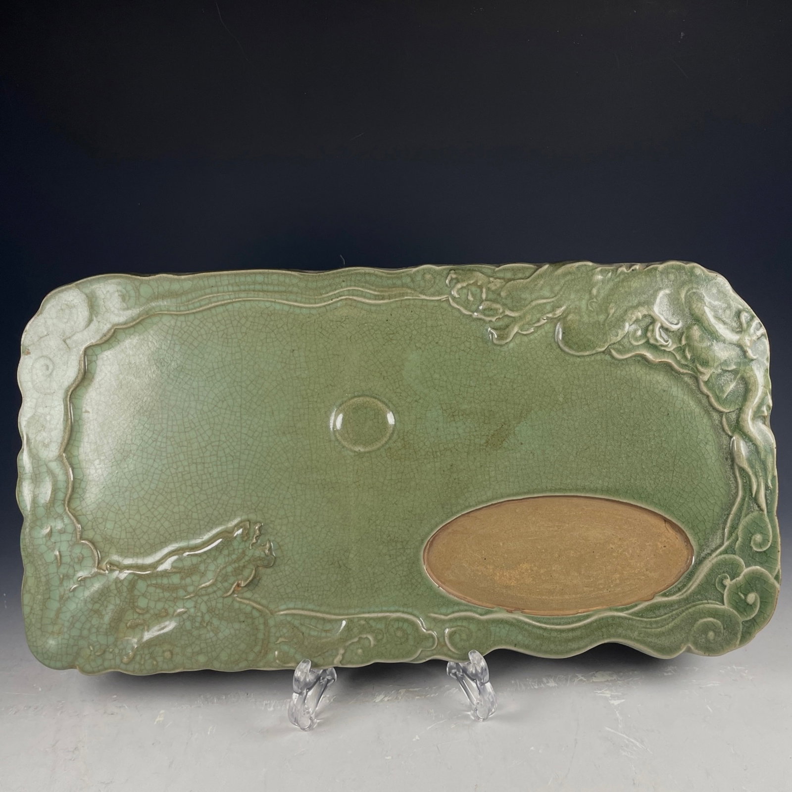 A Huge Longquan yao Dragon Pattern Inkstone: A Huge Longquan yao Dragon Pattern Inkstone,Song Dynasty,China,Size:18.1inx9.8inx0.4in 龙泉窑龙纹砚台,中国宋代